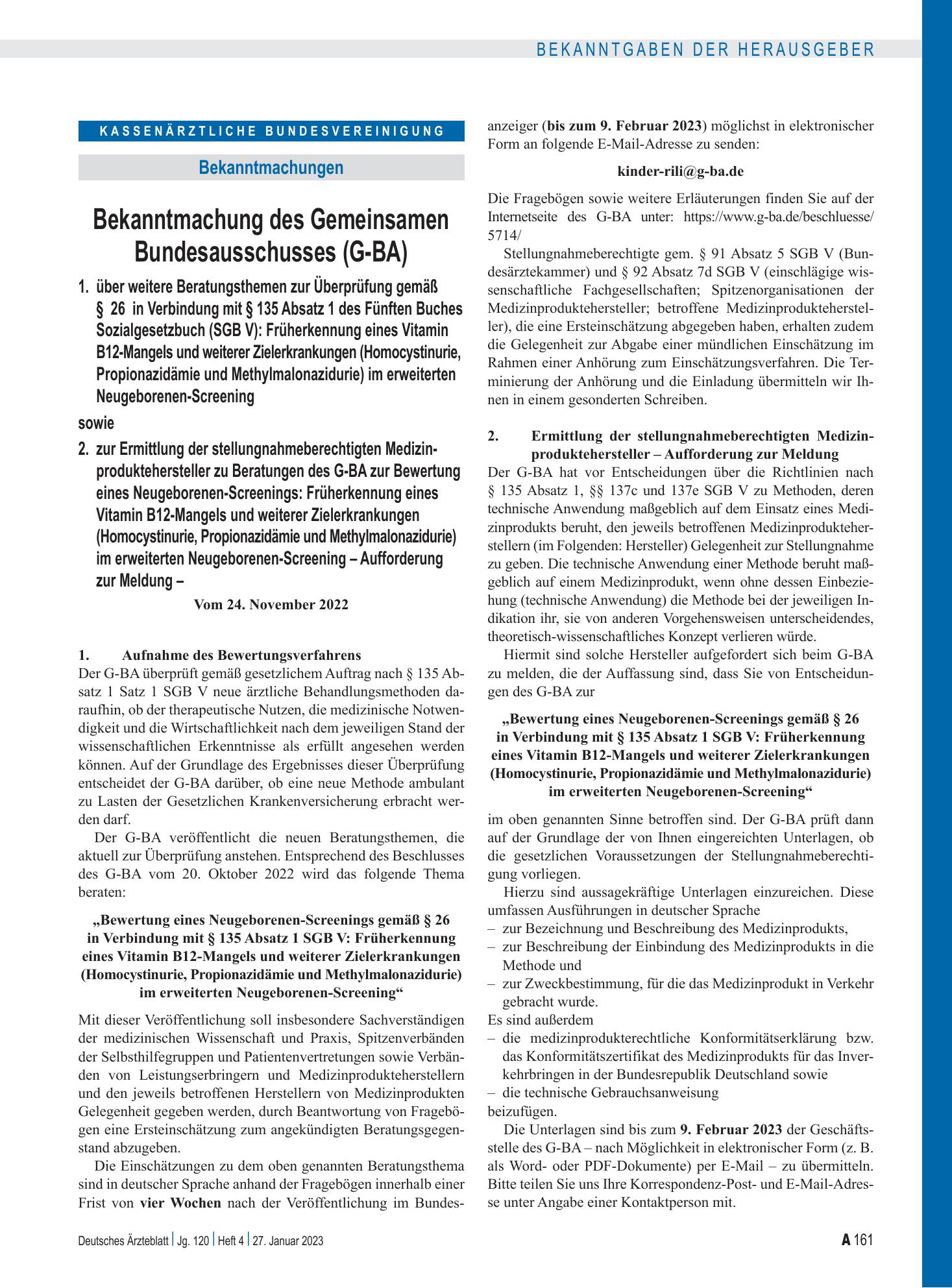 Vorschauseite 1: Bekanntmachung des Gemeinsamen Bundesausschusses (G-BA) 1. über weitere Beratungsthemen zur Überprüfung gemäß § 26 in Verbindung mit § 135 Absatz 1 des Fünften Buches Sozialgesetz…