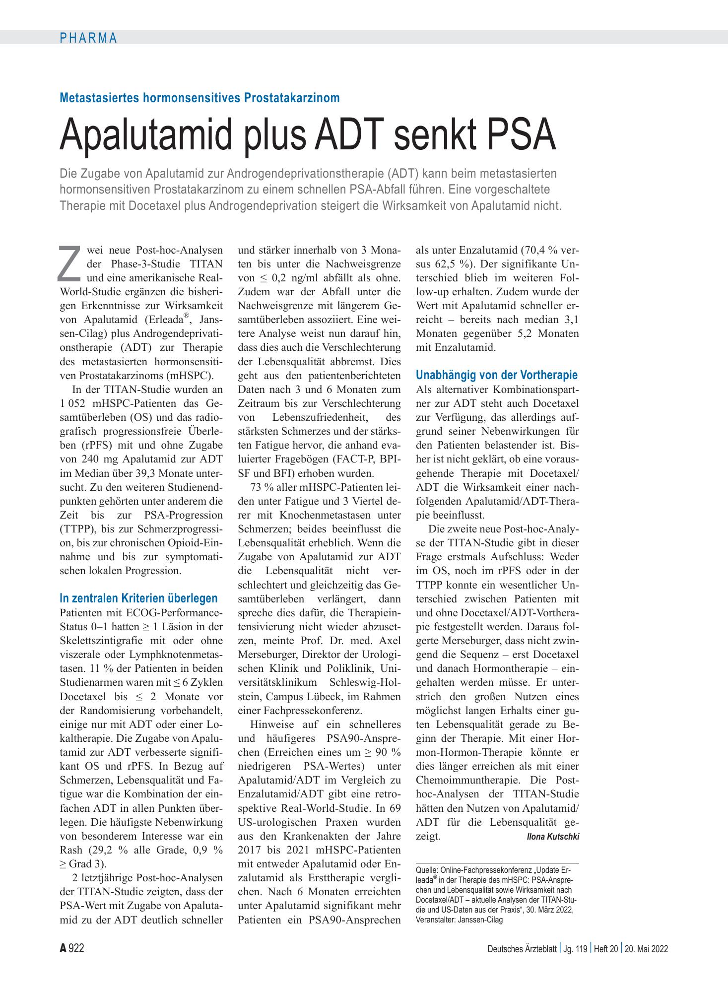 Vorschauseite 1: Metastasiertes hormonsensitives Prostatakarzinom: Apalutamid plus ADT senkt PSA – Deutsches Ärzteblatt