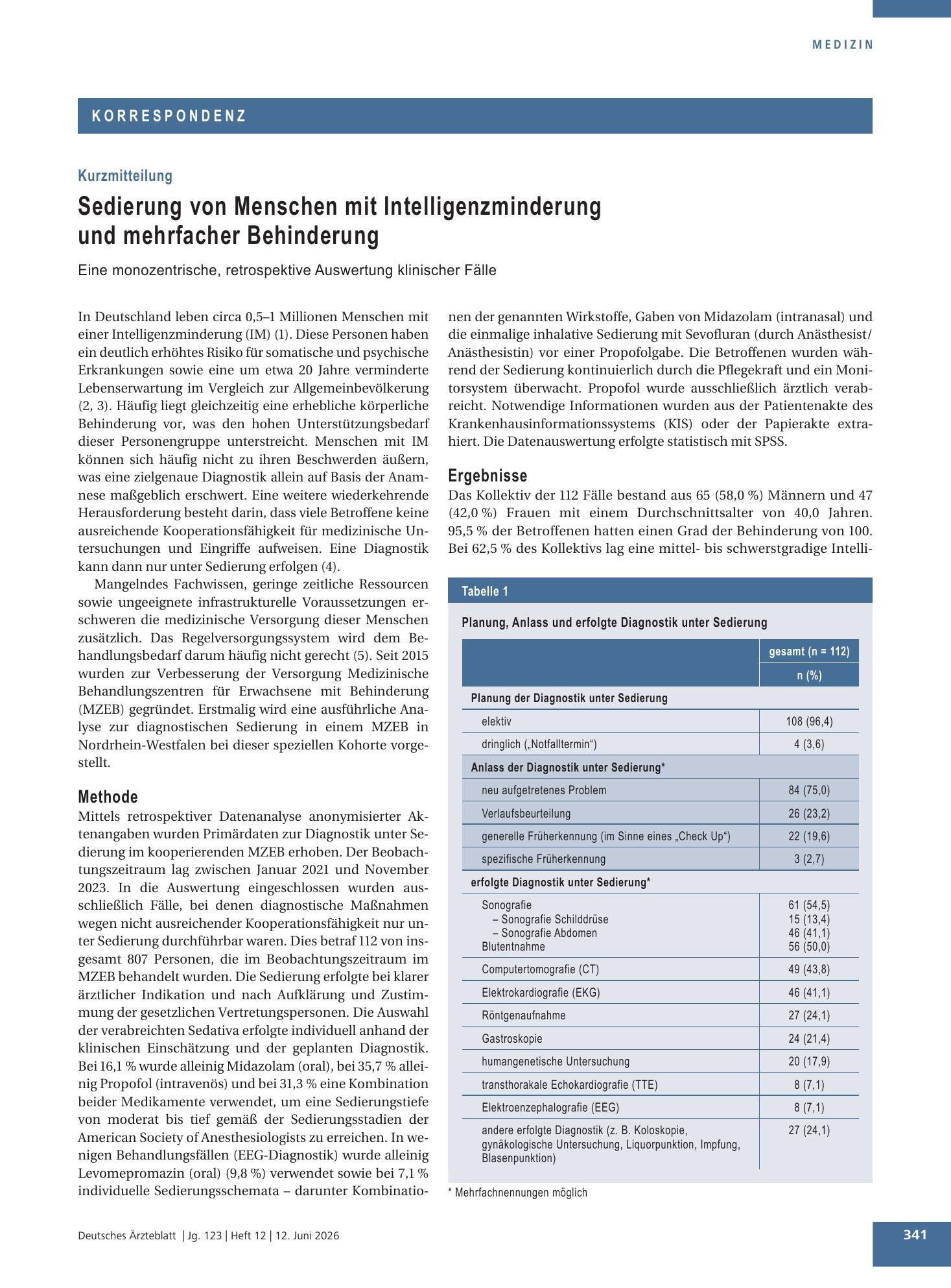 Vorschauseite 1: Sedierung von Menschen mit Intelligenzminderung und mehrfacher Behinderung – Deutsches Ärzteblatt