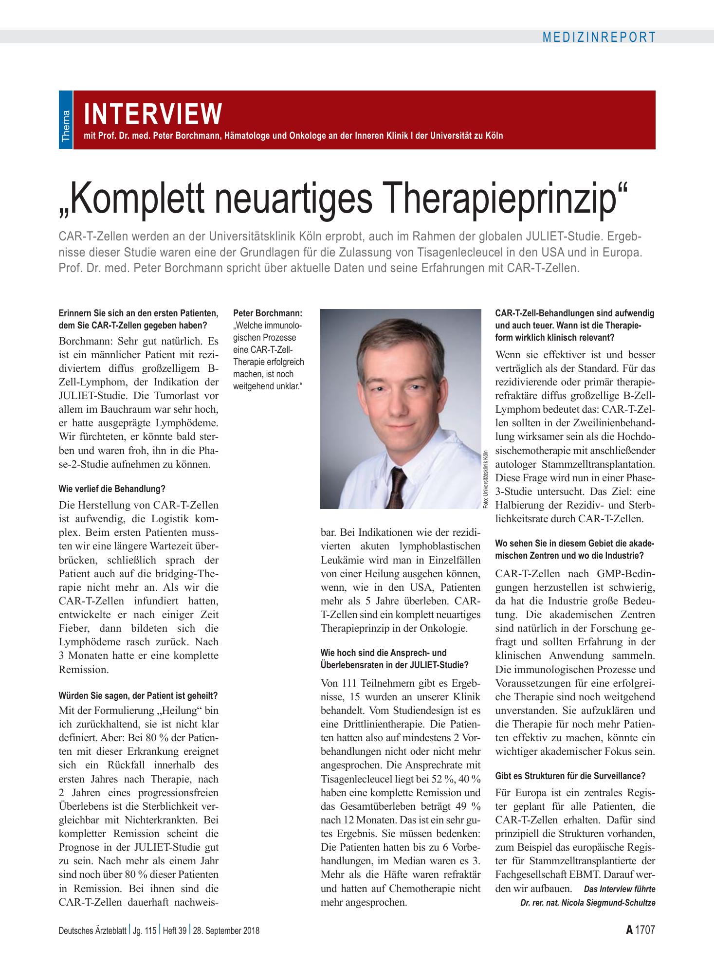 Vorschauseite 1: Interview mit Prof. Dr. med. Peter Borchmann, Hämatologe und Onkologe an der Inneren Klinik I der Universität zu Köln: „Komplett neuartiges Therapieprinzip“ – Deutsches Ärzteblatt