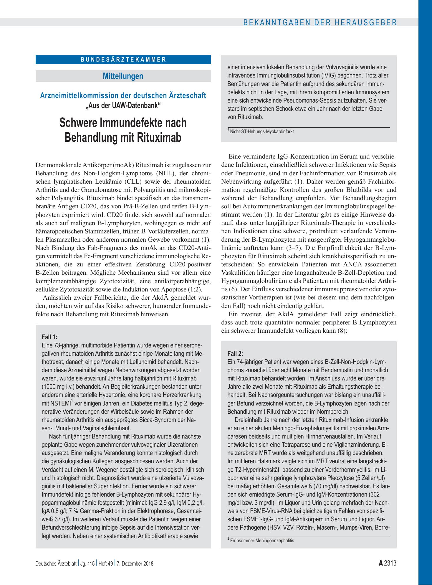 Vorschauseite 1: Arzneimittelkommission der deutschen Ärzteschaft: „Aus der UAW-Datenbank“ – Schwere Immundefekte nach Behandlung mit Rituximab – Deutsches Ärzteblatt