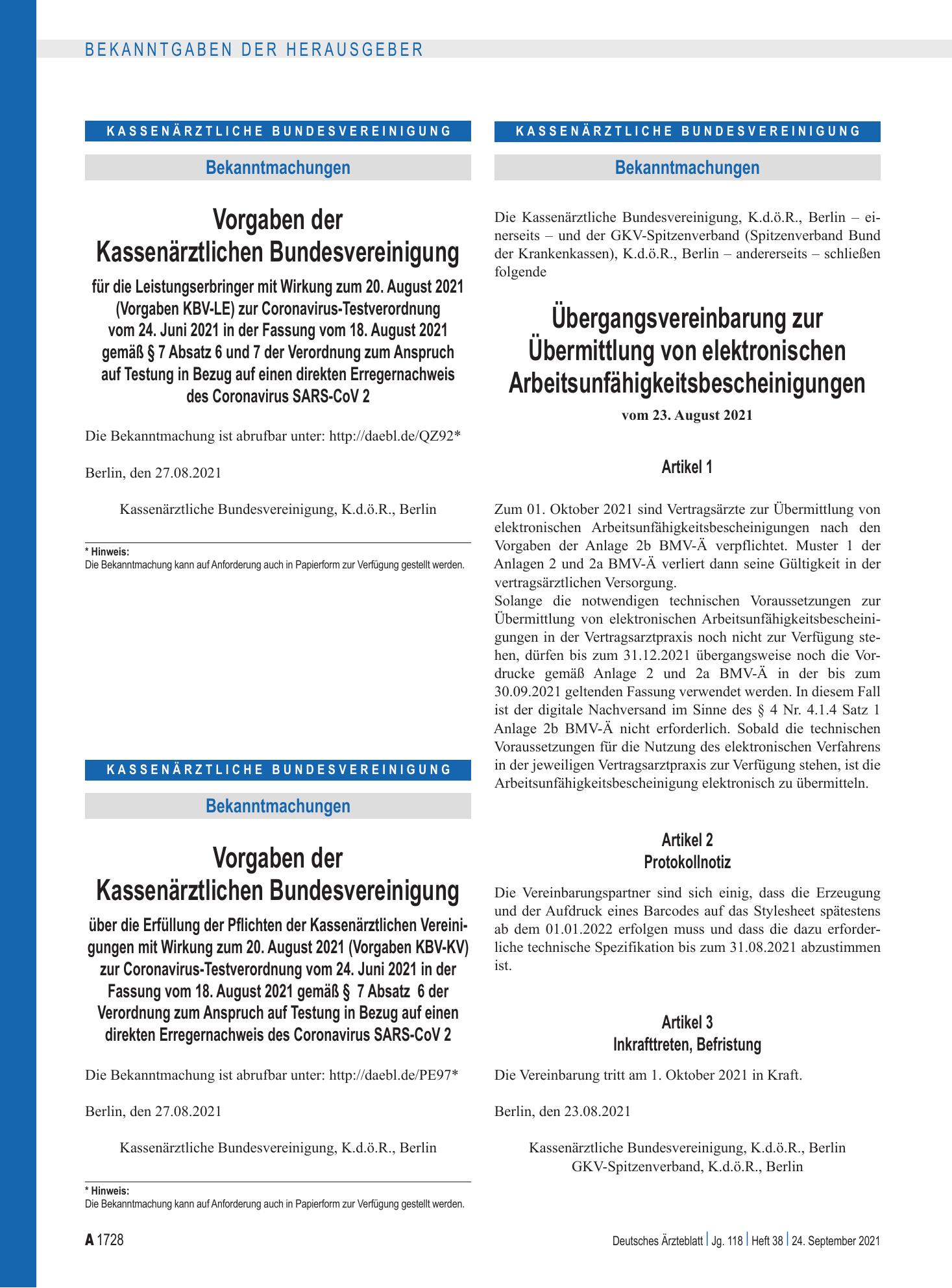Vorschauseite 1: Übergangsvereinbarung zur Übermittlung von elektronischen Arbeitsunfähigkeitsbescheinigungen – Deutsches Ärzteblatt