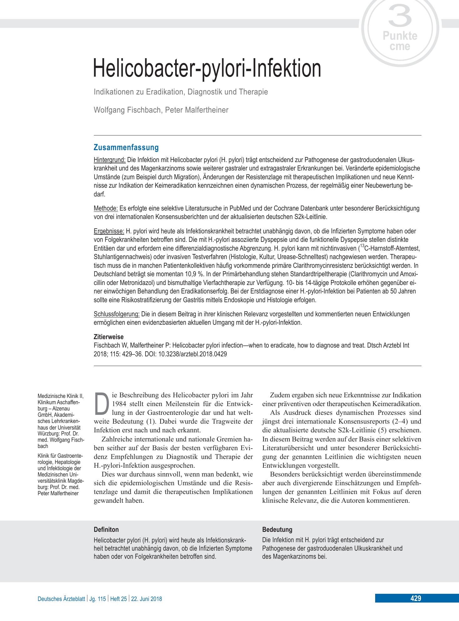 Vorschauseite 1: Helicobacter-pylori-Infektion – Deutsches Ärzteblatt