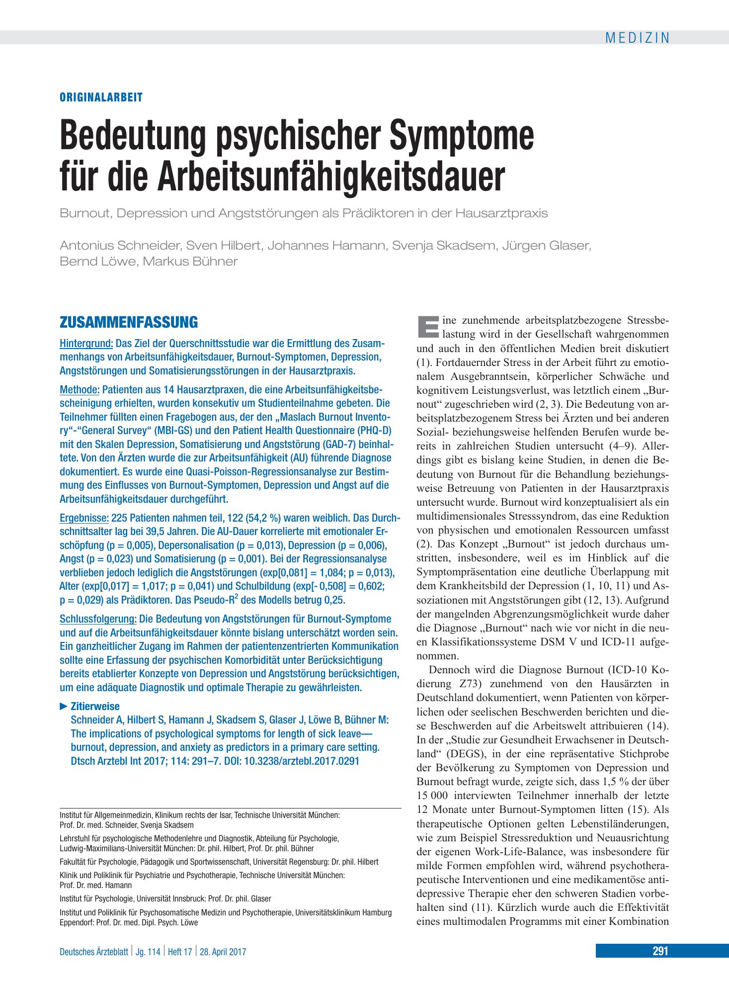 Vorschauseite 1: Bedeutung psychischer Symptome für die Arbeitsunfähigkeitsdauer – Deutsches Ärzteblatt