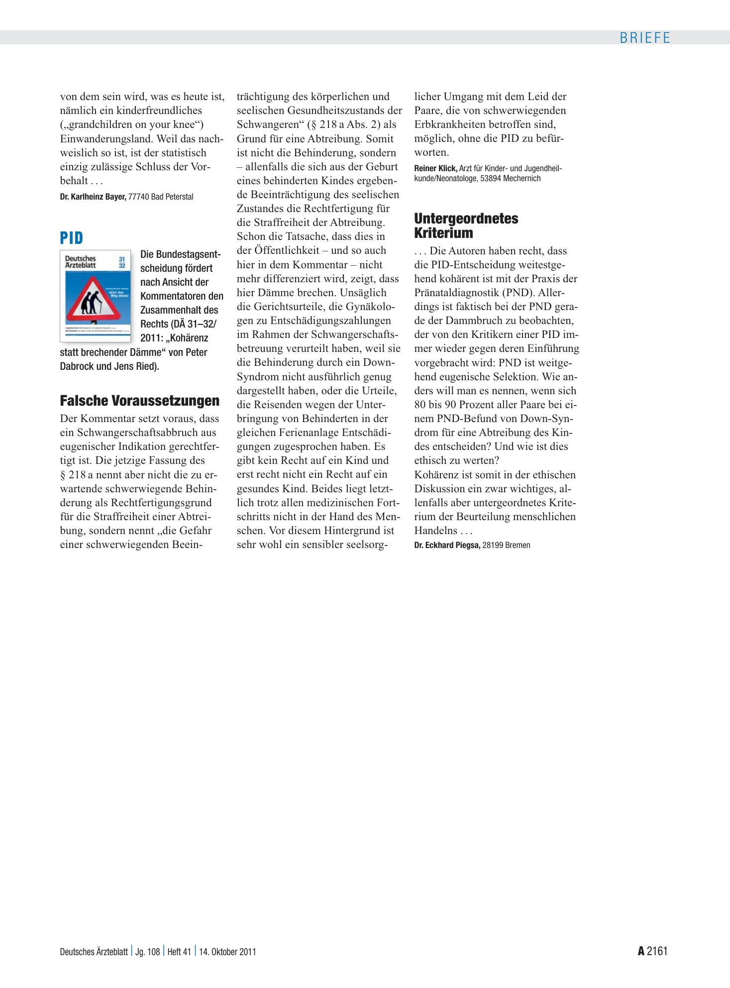 Vorschauseite 1: PID: Untergeordnetes Kriterium – Deutsches Ärzteblatt