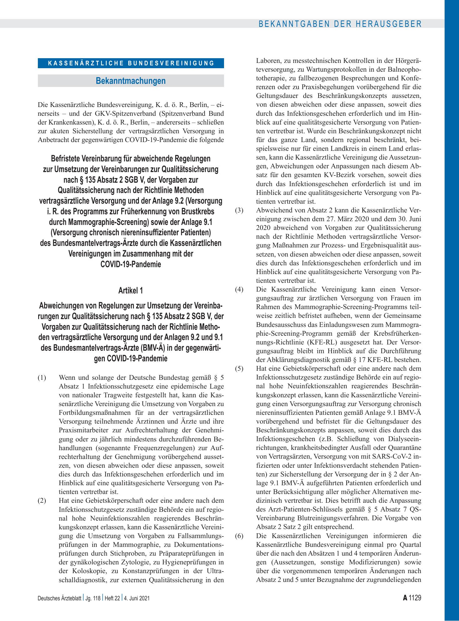 Vorschauseite 1: Befristete Vereinbarung für abweichende Regelungen zur Umsetzung der Vereinbarungen zur Qualitätssicherung nach § 135 Absatz 2 SGB V, der Vorgaben zur Qualitätssicherung nach der…
