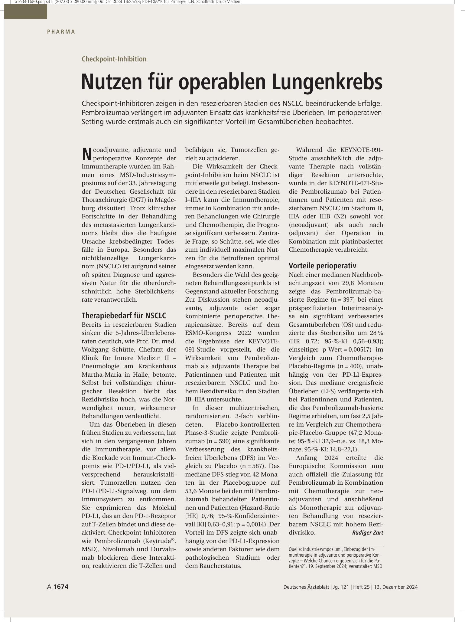 Vorschauseite 1: Checkpoint-Inhibition: Nutzen für operablen Lungenkrebs – Deutsches Ärzteblatt