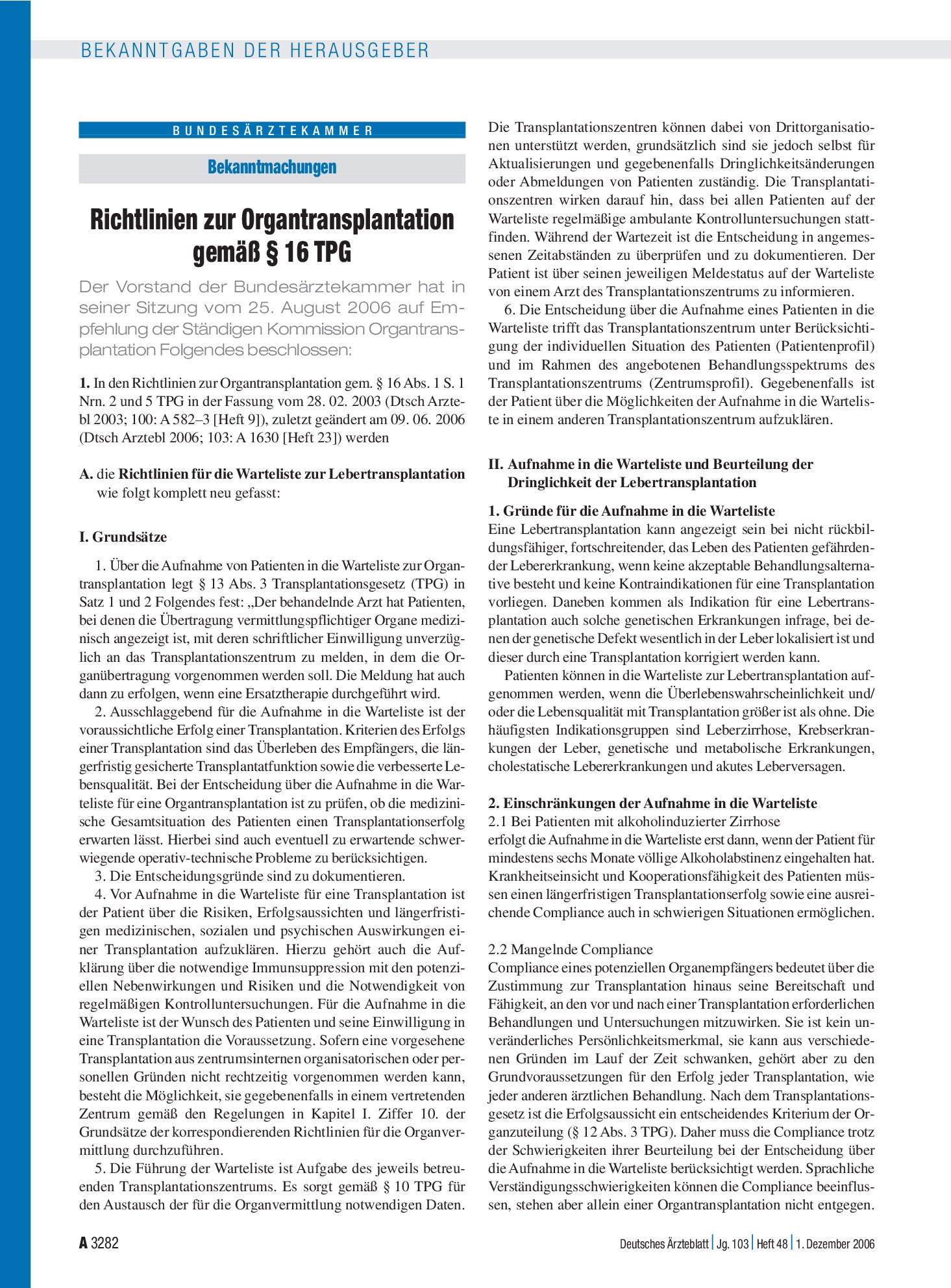 Vorschauseite 1: Bekanntmachungen: Richtlinien zur Organtransplantation gemäß § 16 TPG – Deutsches Ärzteblatt