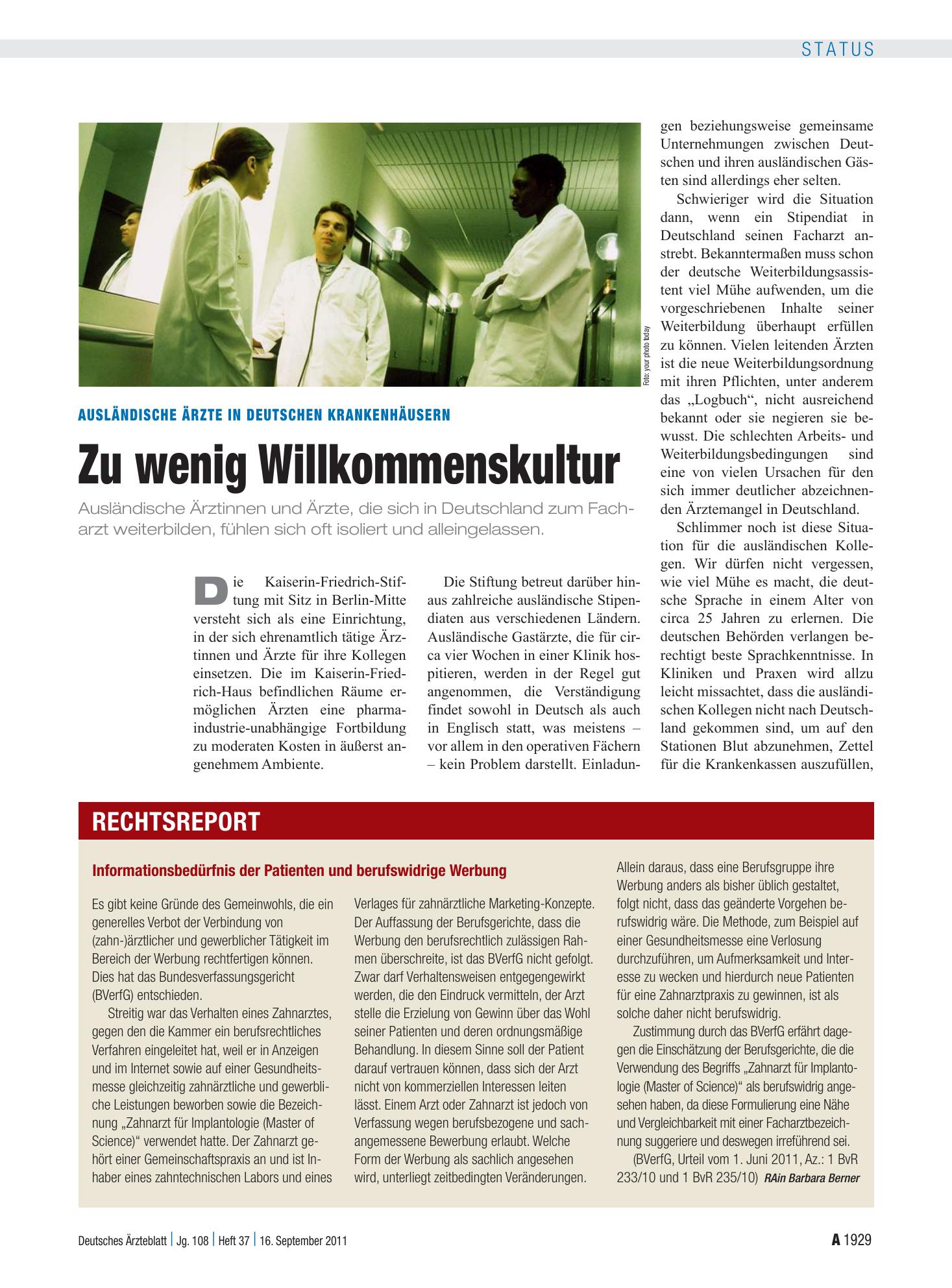 Vorschauseite 1: Informationsbedürfnis der Patienten und berufswidrige Werbung – Deutsches Ärzteblatt