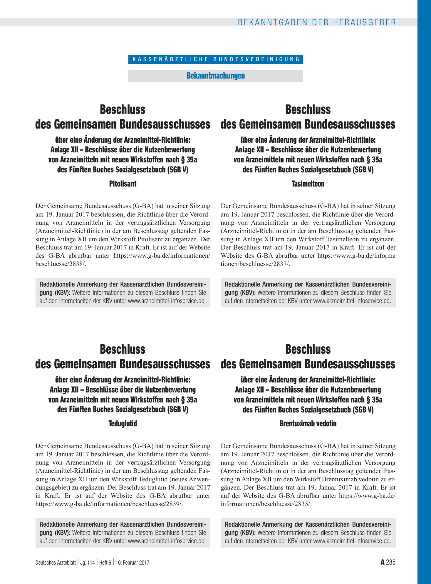 Vorschauseite 1: Beschluss des Gemeinsamen Bundesausschusses über eine Änderung der Arzneimittel-Richtlinie: Anlage XII – Beschlüsse über die Nutzenbewertung von Arzneimitteln mit neuen Wirkstoffe…