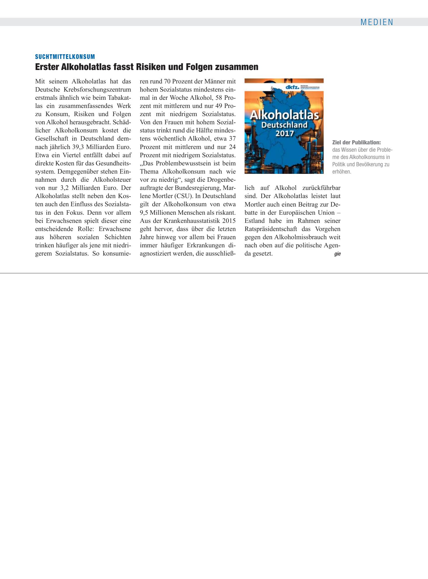 Vorschauseite 1: Suchtmittelkonsum: Erster Alkoholatlas fasst Risiken und Folgen zusammen – Deutsches Ärzteblatt