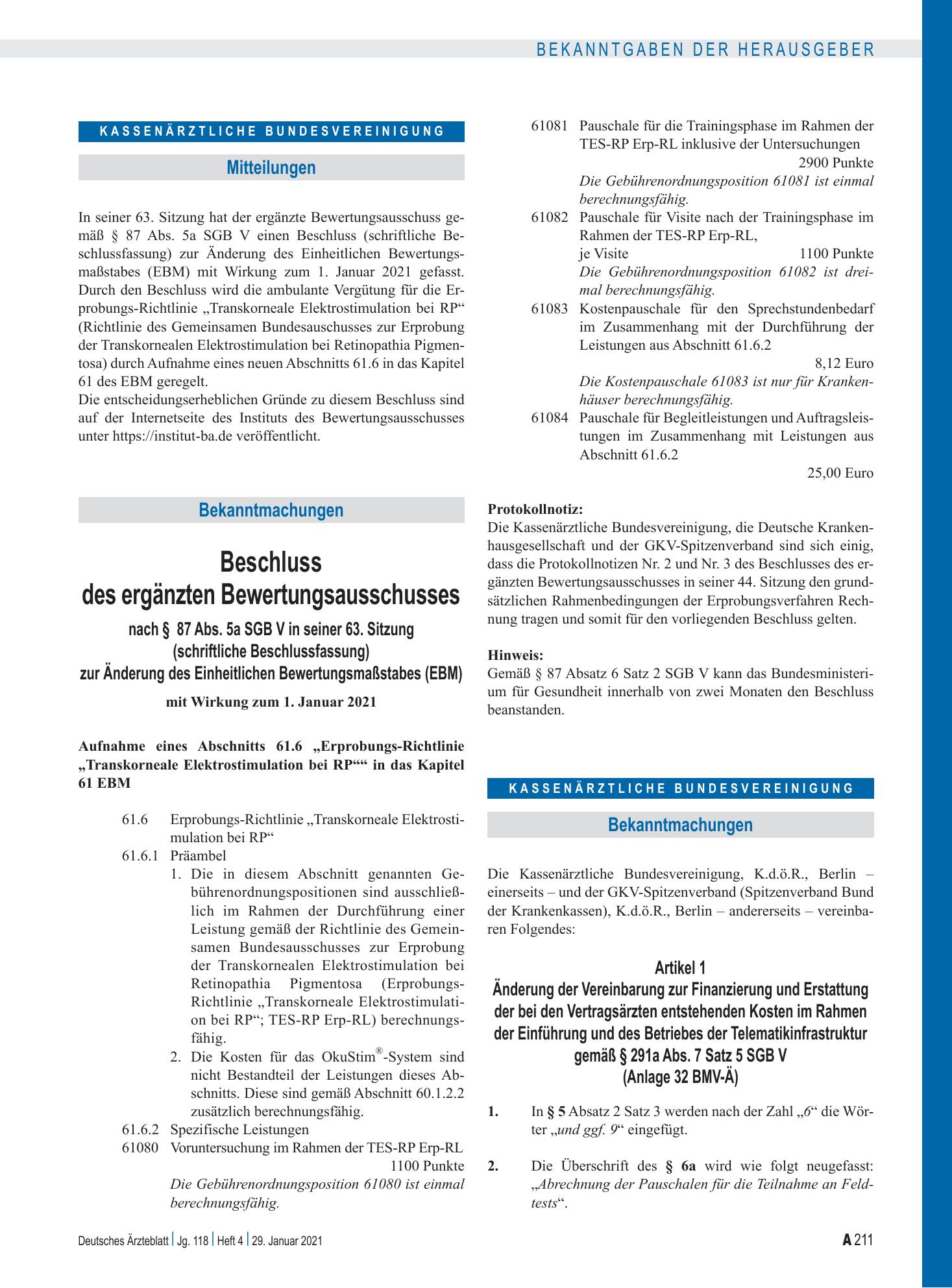 Vorschauseite 1: Änderung der Vereinbarung zur Finanzierung und Erstattung der bei den Vertragsärzten entstehenden Kosten im Rahmen der Einführung und des Betriebes der Telematikinfrastruktur gemä…