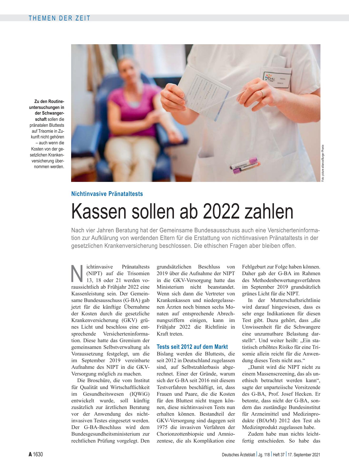 Vorschauseite 1: Nichtinvasive Pränataltests: Kassen sollen ab 2022 zahlen – Deutsches Ärzteblatt