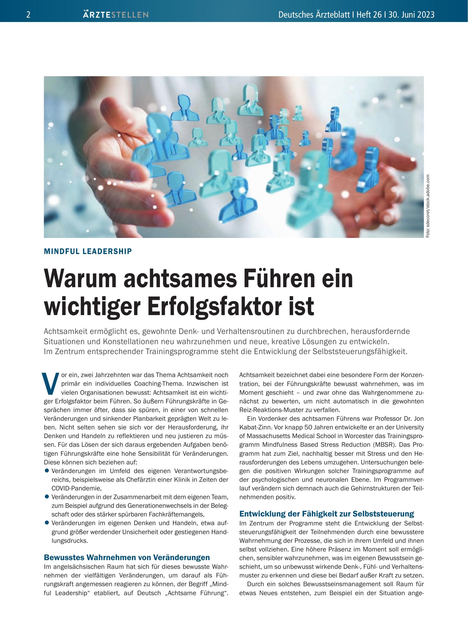 Vorschauseite 1: Mindful Leadership: Warum achtsames Führen ein wichtiger Erfolgsfaktor ist – Deutsches Ärzteblatt