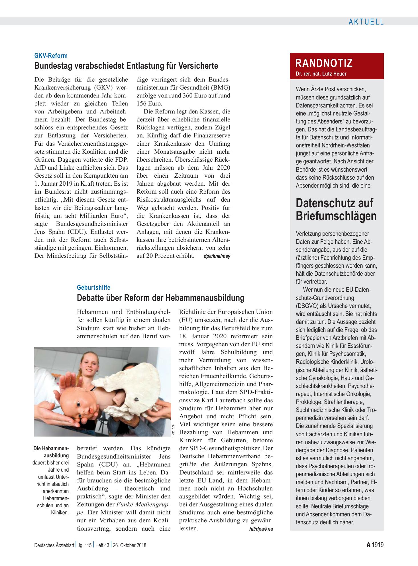 Vorschauseite 1: Randnotiz: Datenschutz auf Briefumschlägen – Deutsches Ärzteblatt