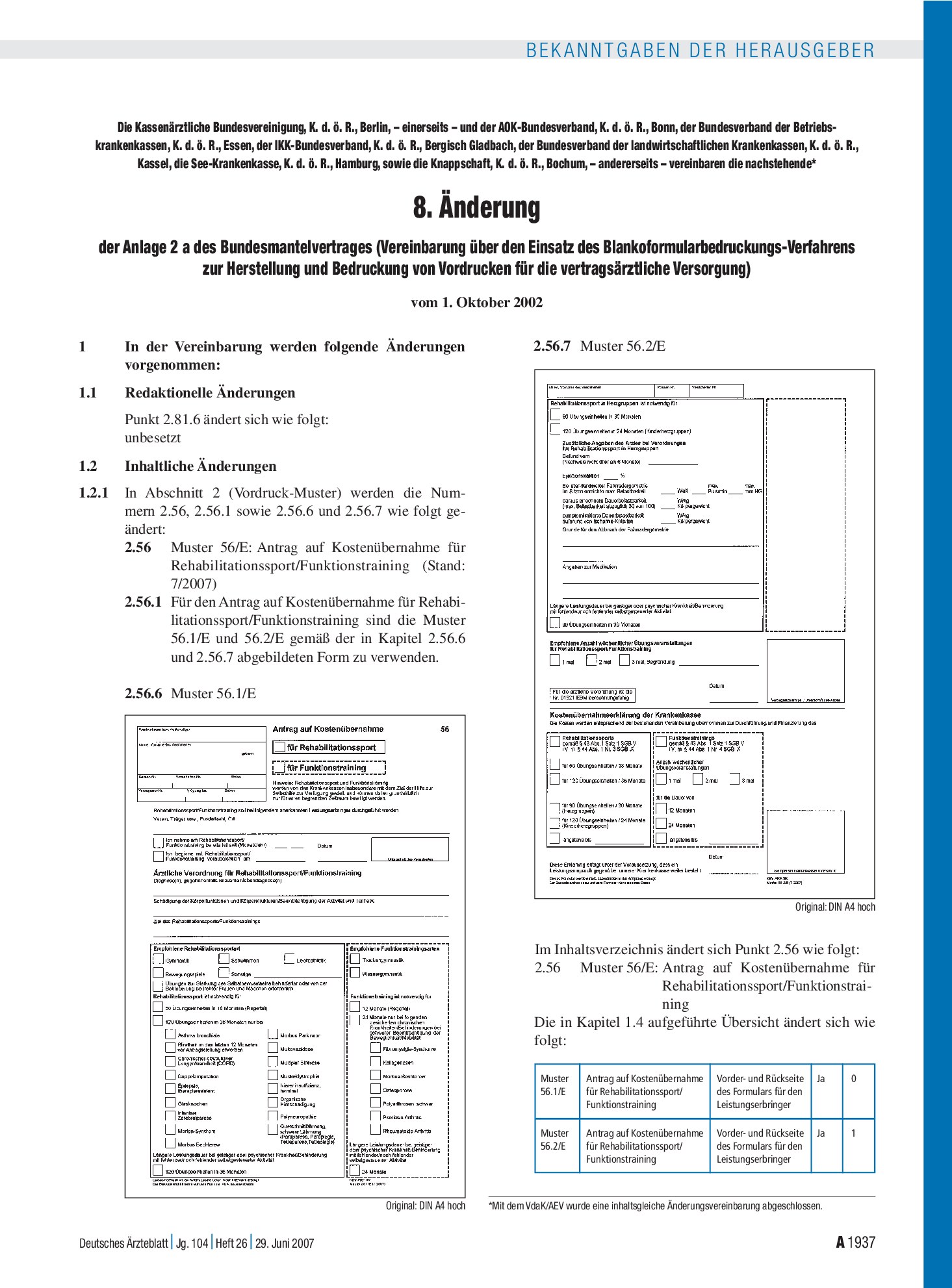 Vorschauseite 1: 8. Änderung der Anlage 2 a des Bundesmantelvertrages (Vereinbarung über den Einsatz des Blankoformularbedruckungs-Verfahrens zur Herstellung und Bedruckung von Vordrucken für die…