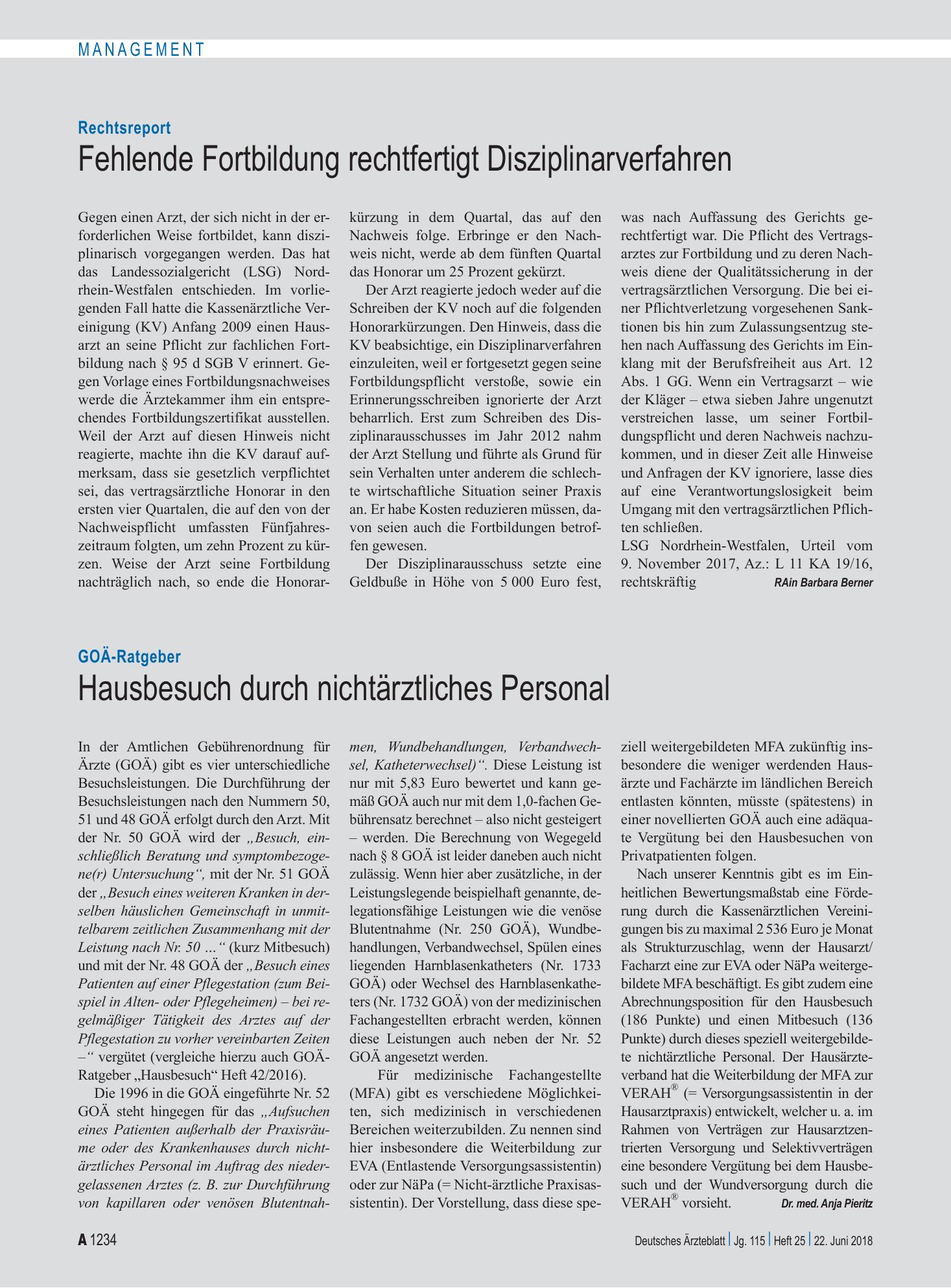 Vorschauseite 1: GOÄ-Ratgeber: Hausbesuch durch nichtärztliches Personal – Deutsches Ärzteblatt