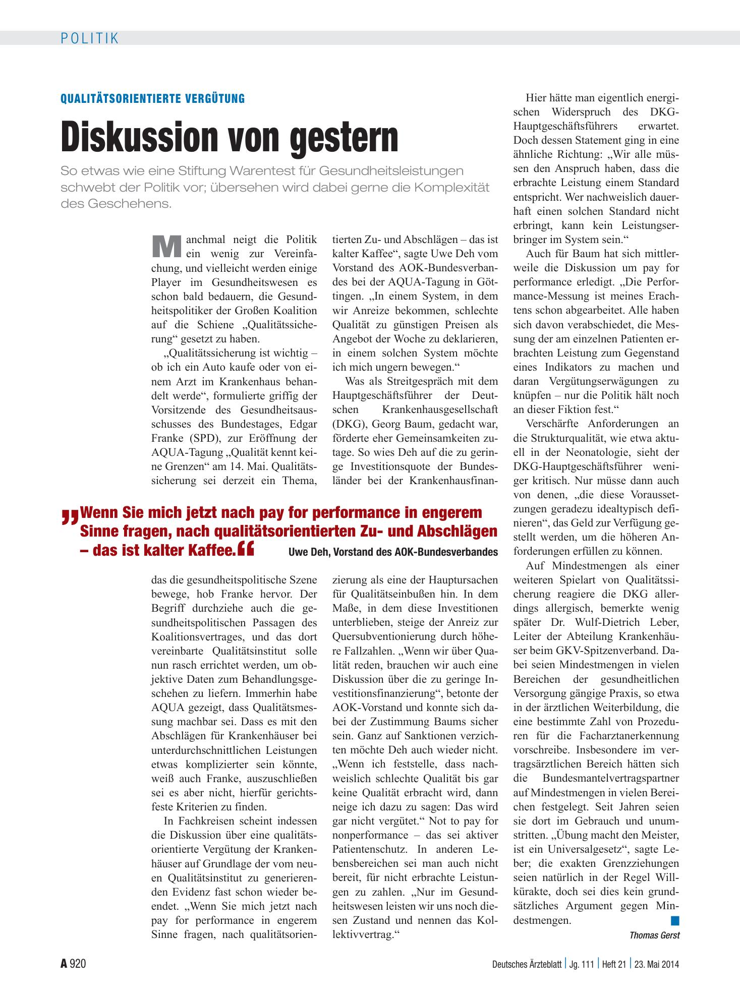 Vorschauseite 1: Qualitätsorientierte Vergütung: Diskussion von gestern – Deutsches Ärzteblatt