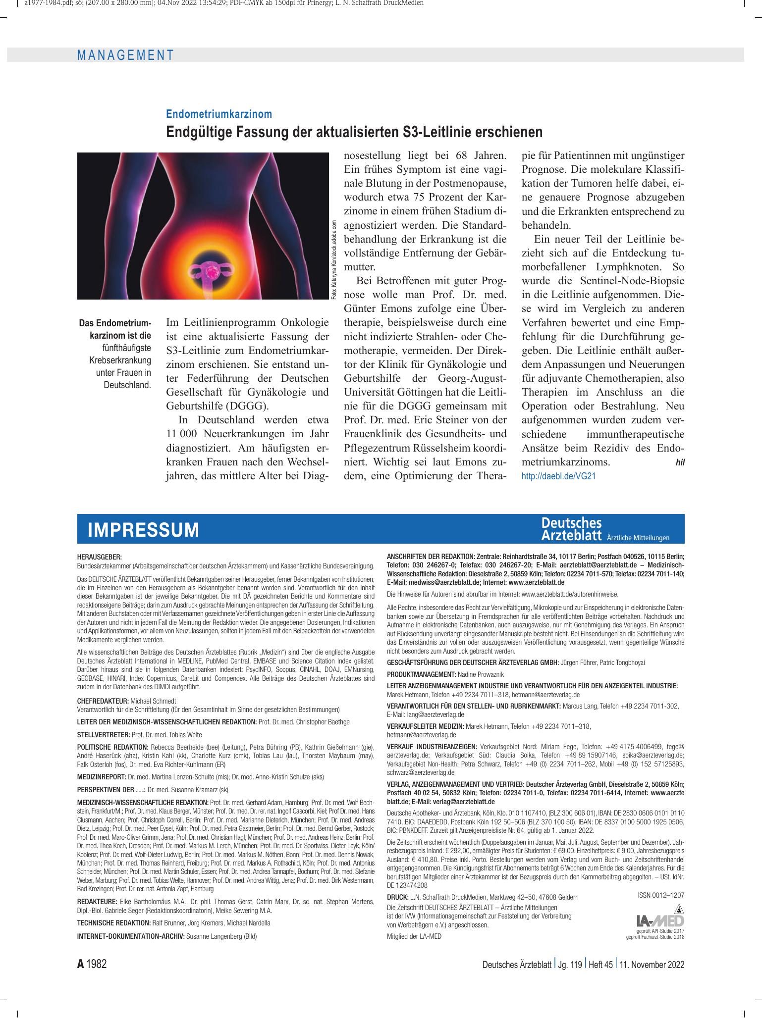 Vorschauseite 1: Endometriumkarzinom: Endgültige Fassung der aktualisierten S3-Leitlinie erschienen – Deutsches Ärzteblatt