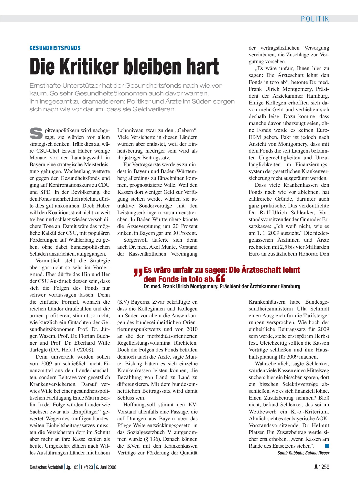 Vorschauseite 1: Gesundheitsfonds: Die Kritiker bleiben hart – Deutsches Ärzteblatt