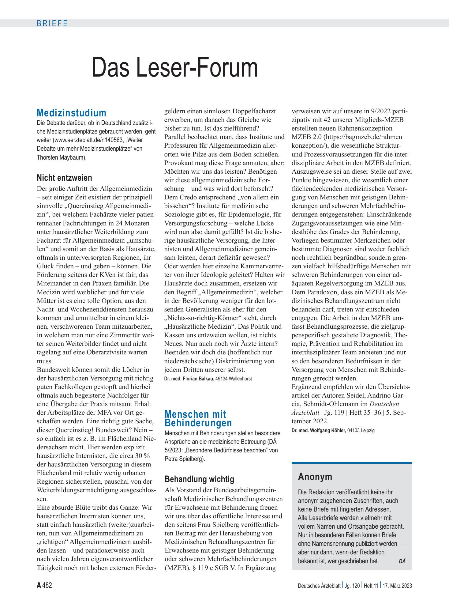 Vorschauseite 1: Menschen mit Behinderungen: Behandlung wichtig – Deutsches Ärzteblatt