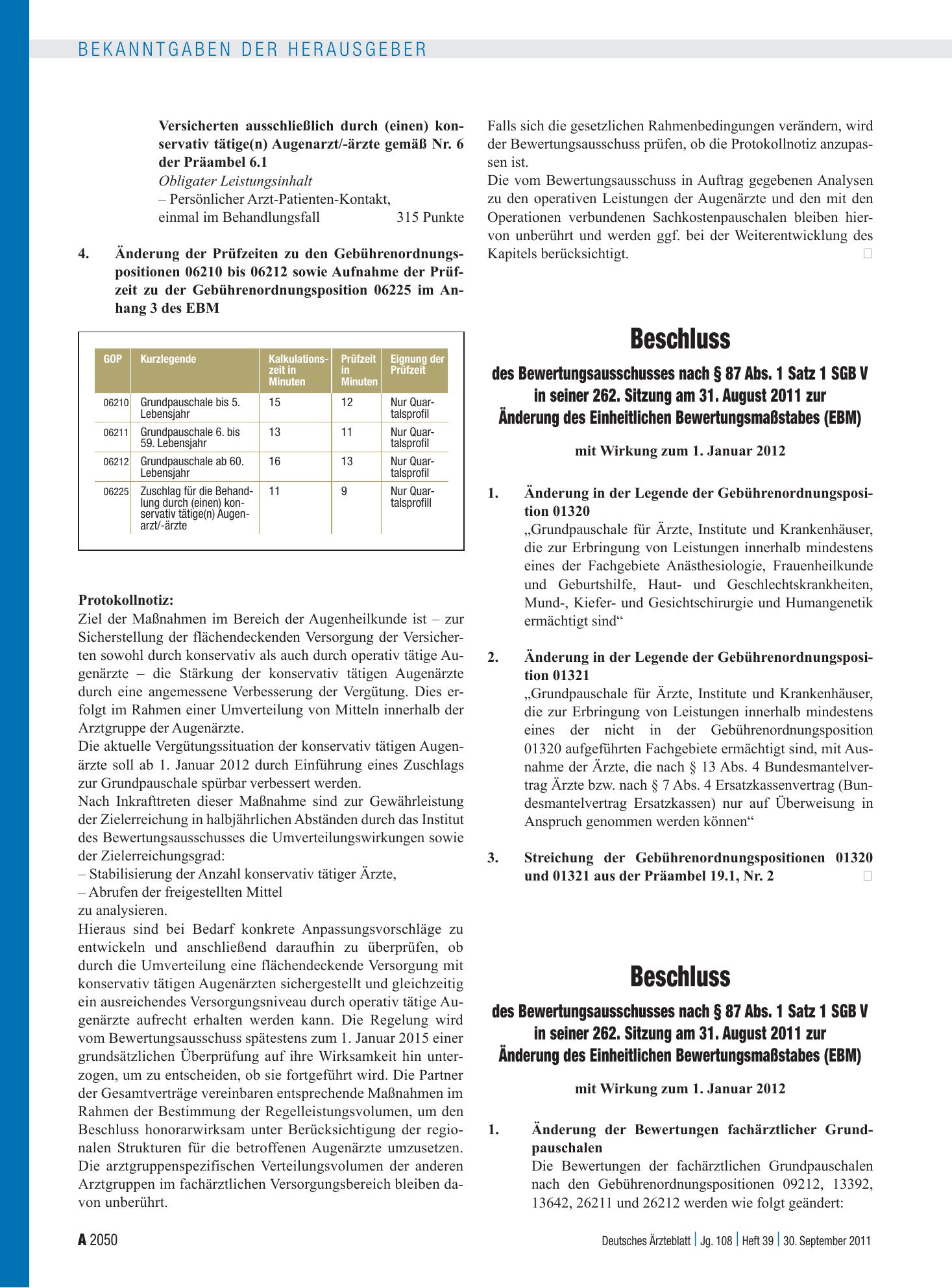 Vorschauseite 1: Beschluss des Bewertungsausschusses nach § 87 Abs. 1 Satz 1 SGB V in seiner 262. Sitzung am 31. August 2011 zur Änderung des Einheitlichen Bewertungsmaßstabes (EBM) – Deutsches Är…