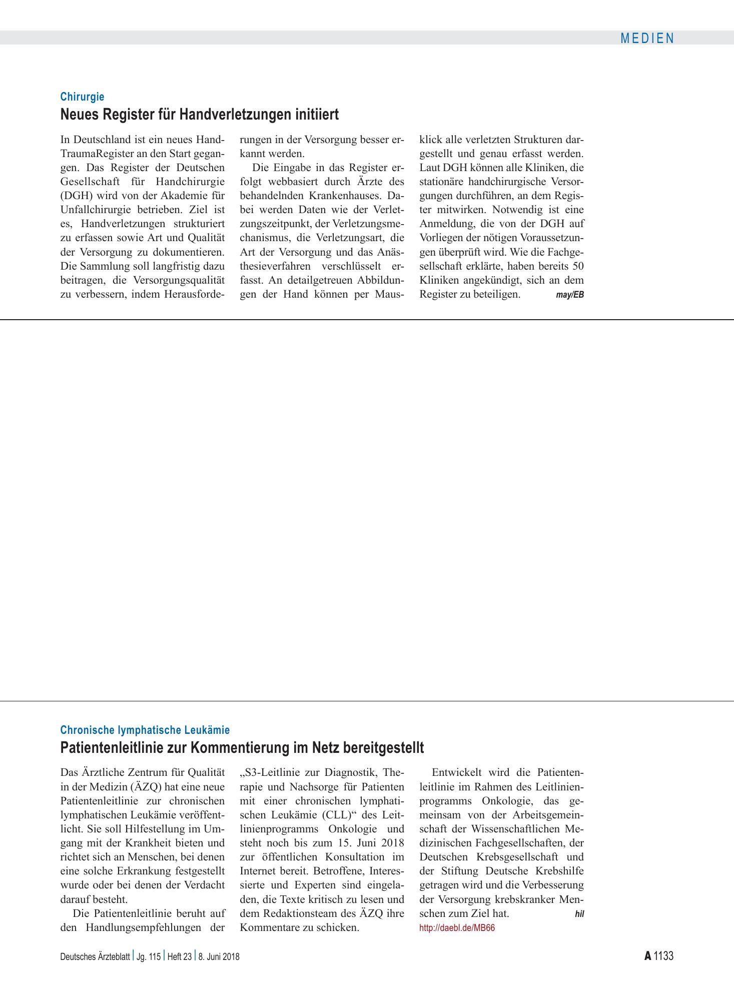 Vorschauseite 1: Chirurgie: Neues Register für Handverletzungen initiiert – Deutsches Ärzteblatt