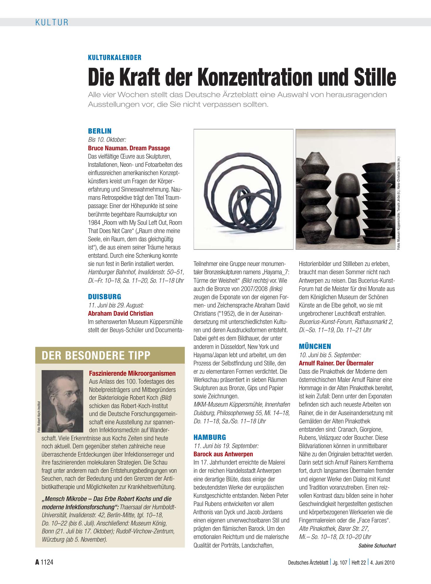 Vorschauseite 1: Kulturkalender: Die Kraft der Konzentration und Stille – Deutsches Ärzteblatt