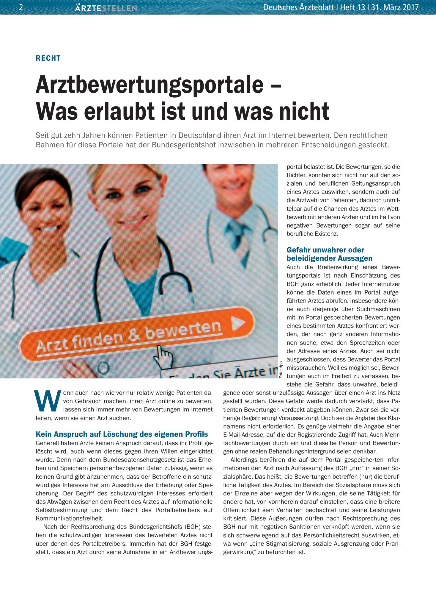 Vorschauseite 1: Recht: Arztbewertungsportale – Was erlaubt ist und was nicht – Deutsches Ärzteblatt