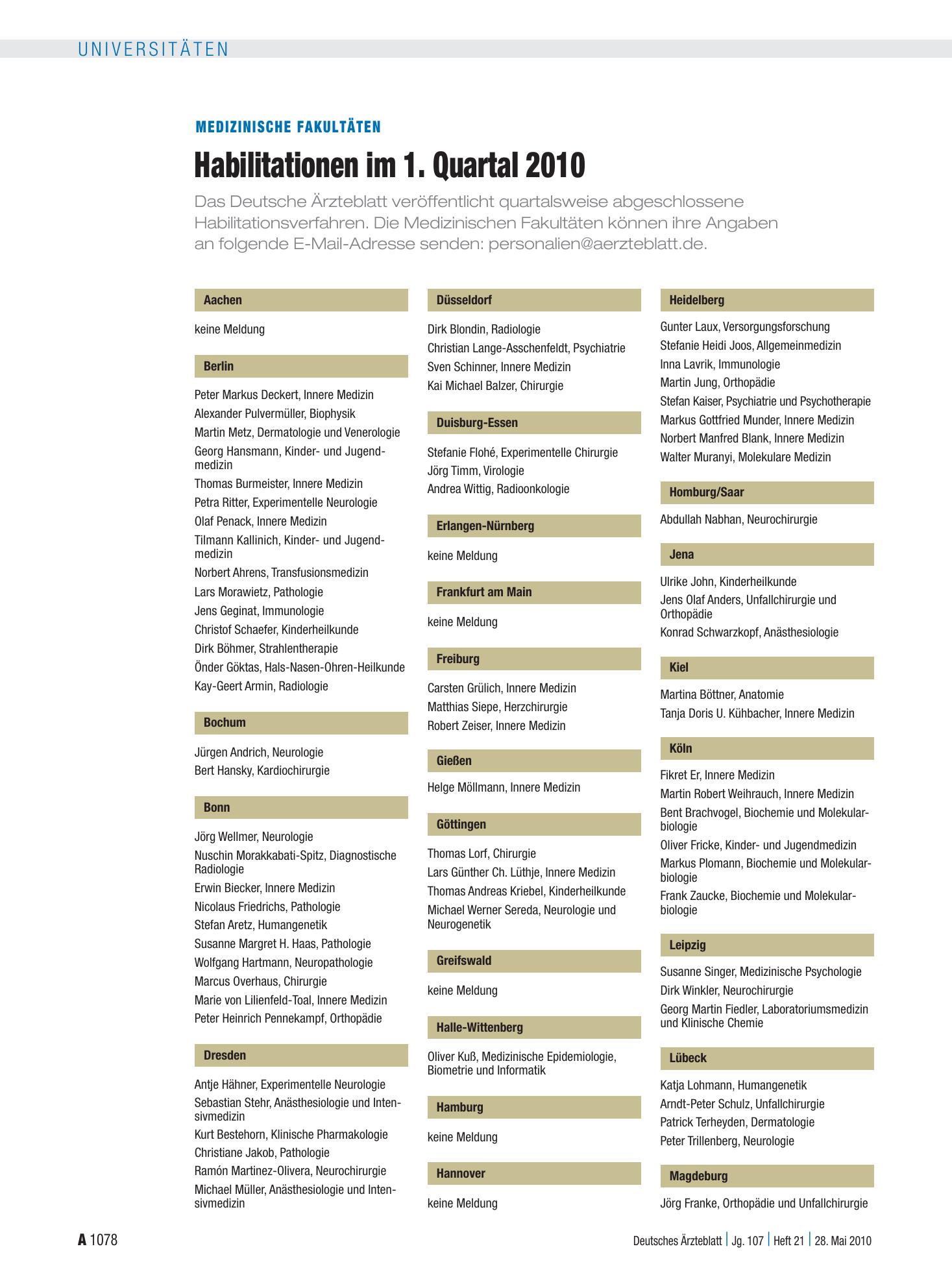 Vorschauseite 1: Medizinische Fakultäten: Habilitationen im 1. Quartal 2010 – Deutsches Ärzteblatt
