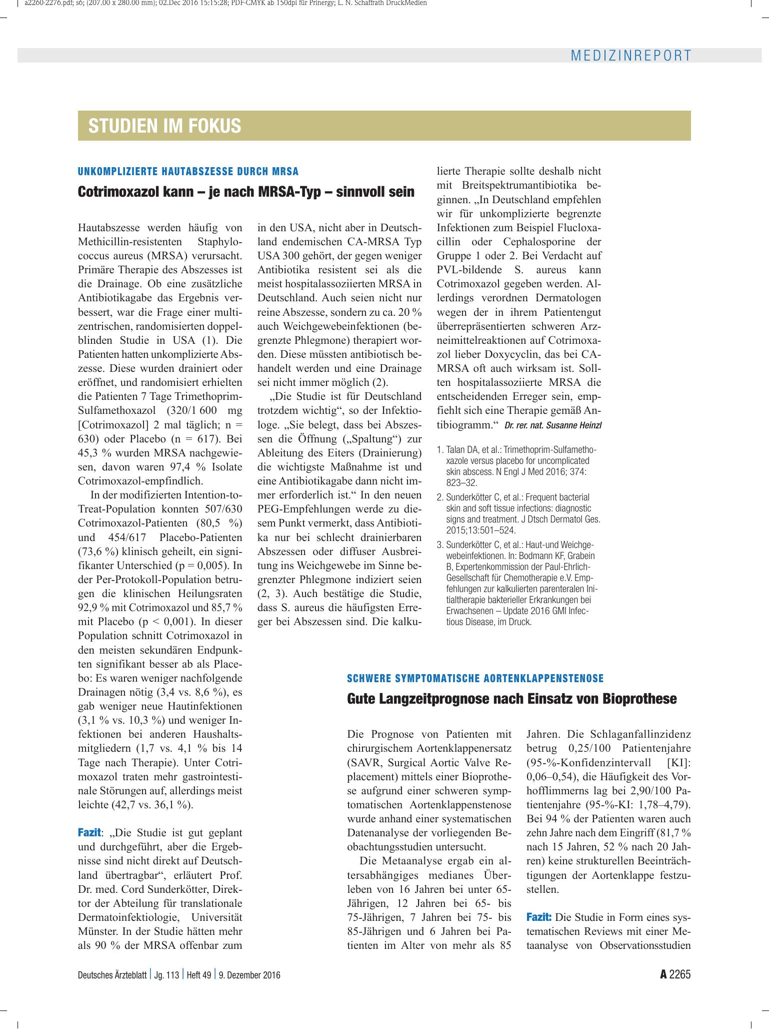 Vorschauseite 1: Unkomplizierte Hautabszesse durch MRSA: Cotrimoxazol kann – je nach MRSA-Typ – sinnvoll sein – Deutsches Ärzteblatt