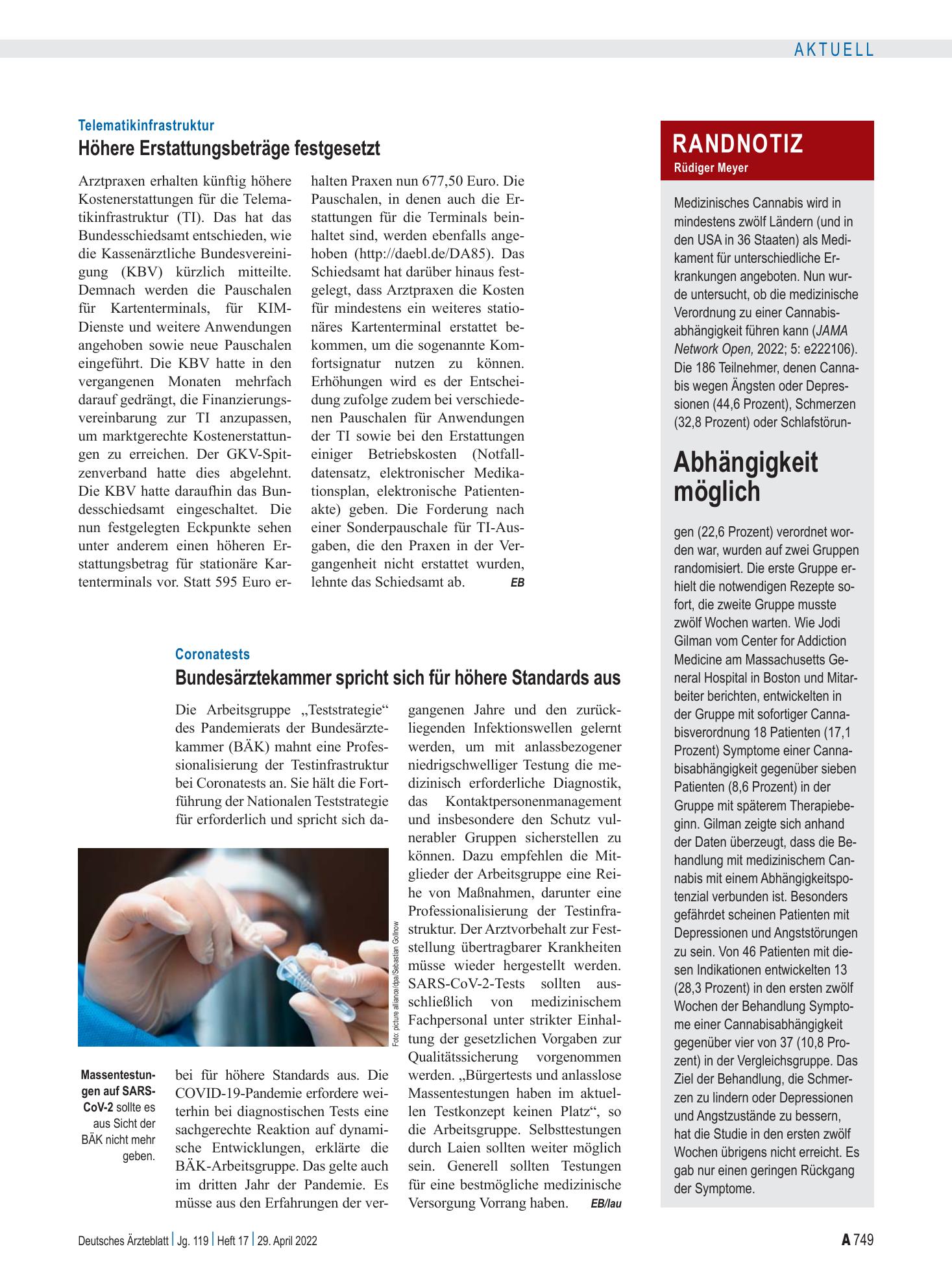 Vorschauseite 1: Coronatests: Bundesärztekammer spricht sich für höhere Standards aus – Deutsches Ärzteblatt