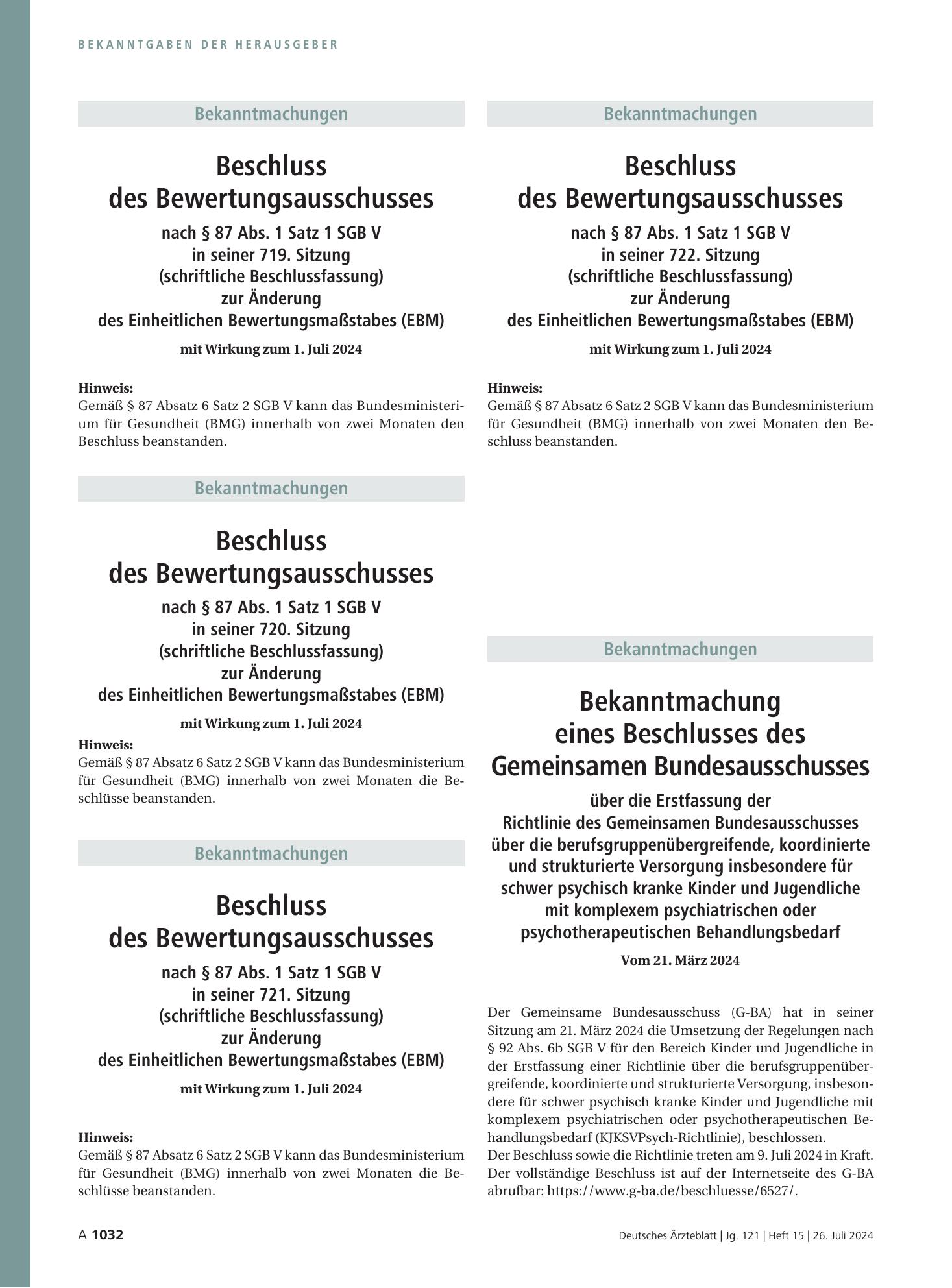 Vorschauseite 1: Beschluss des Bewertungsausschusses nach § 87 Abs. 1 Satz 1 SGB V in seiner 719. Sitzung (schriftliche Beschlussfassung), Teil A, Teil B im Zusammenhang mit der Aufnahme der Leist…