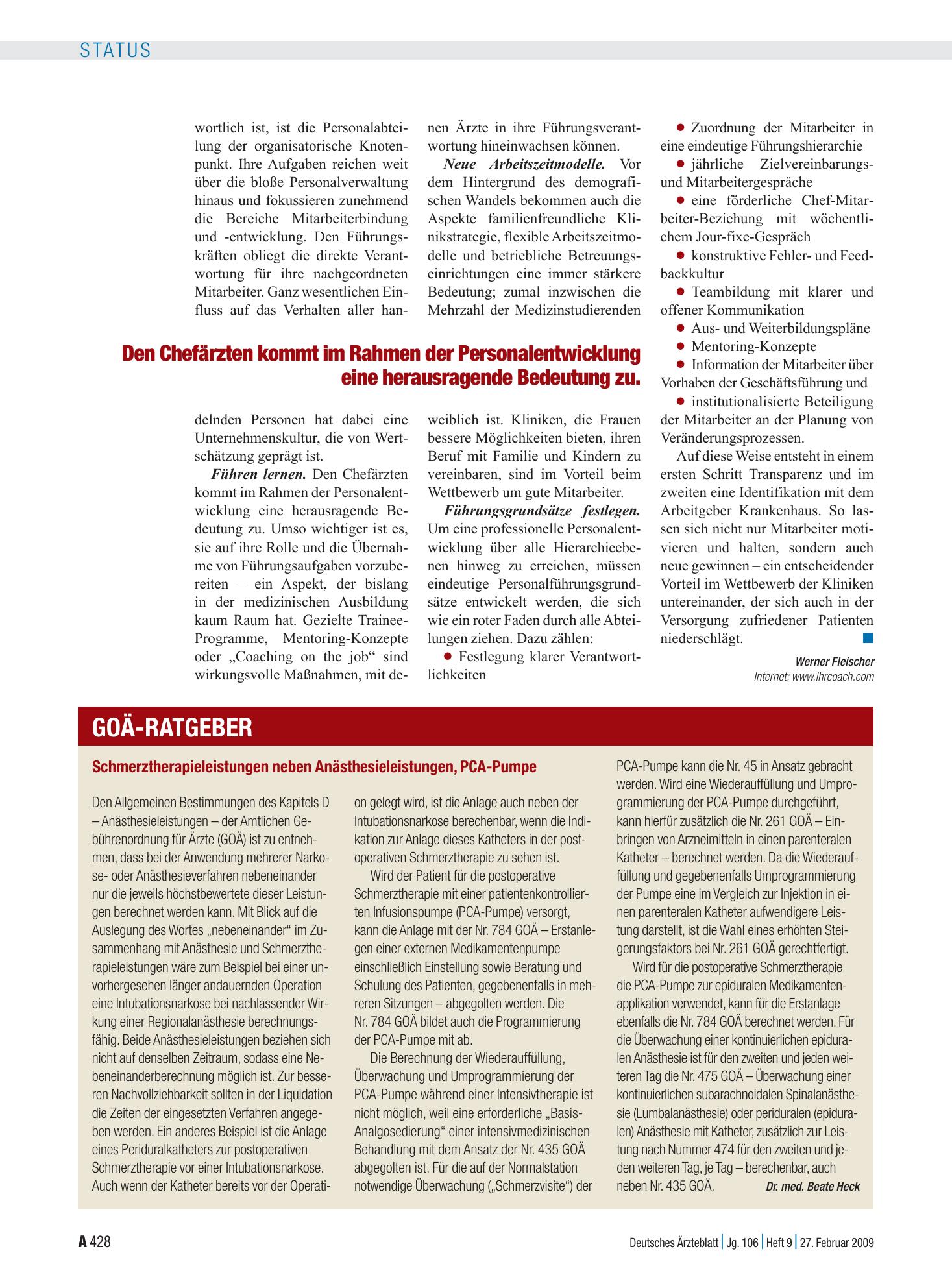 Vorschauseite 1: Schmerztherapieleistungen neben Anästhesieleistungen, PCA-Pumpe – Deutsches Ärzteblatt