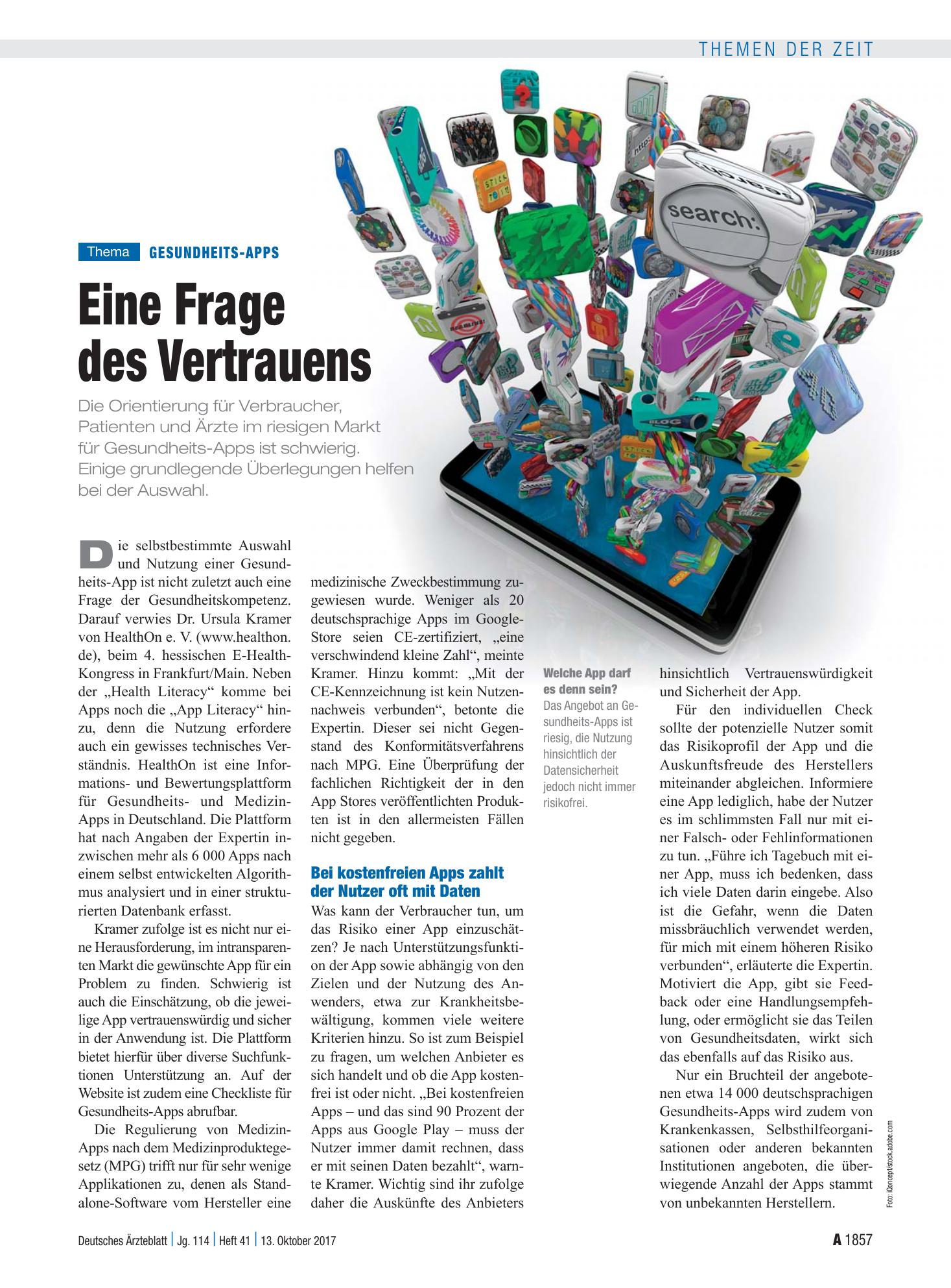 Vorschauseite 1: Gesundheits-Apps: Eine Frage des Vertrauens – Deutsches Ärzteblatt