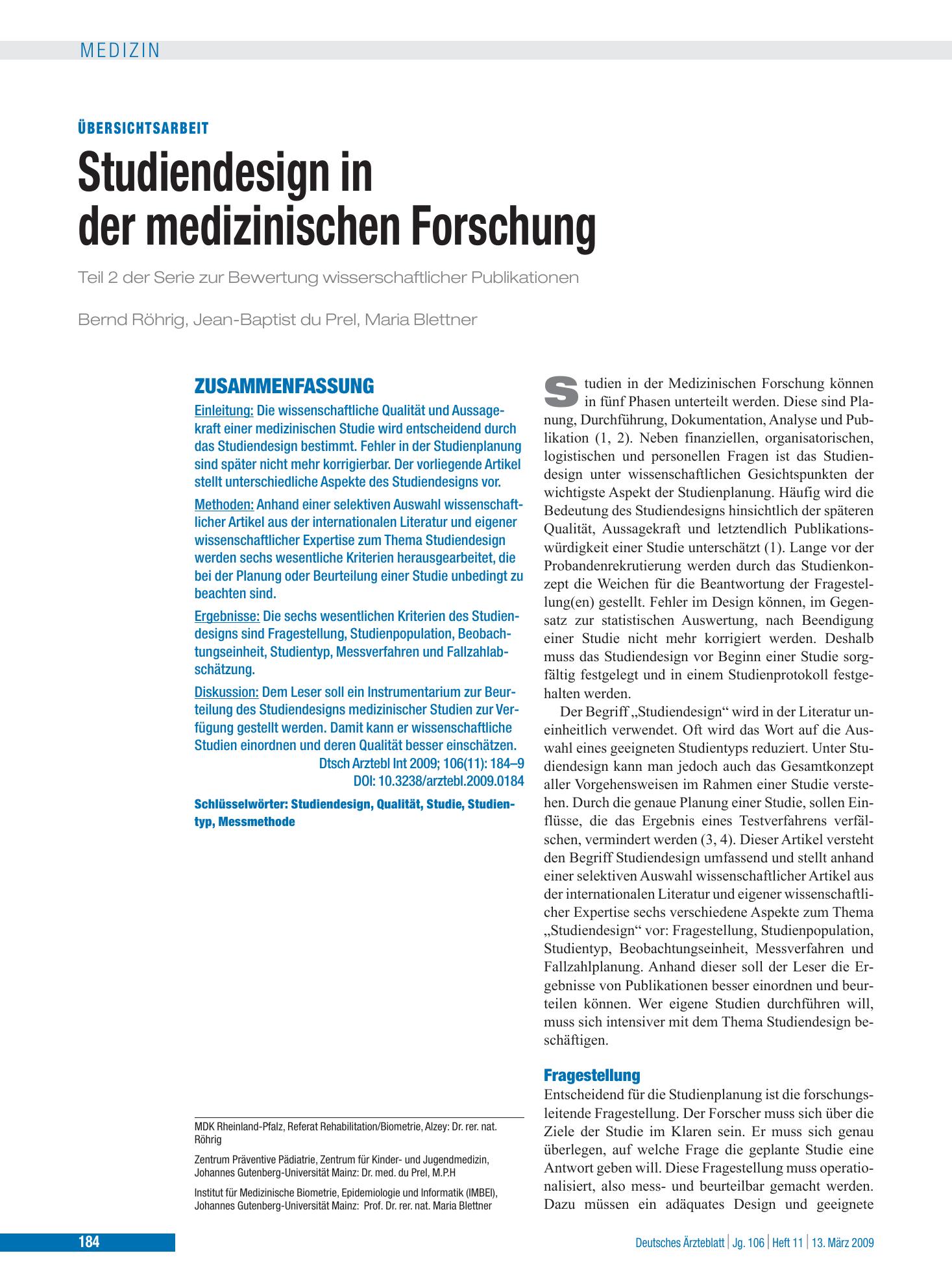 Vorschauseite 1: Studiendesign in der medizinischen Forschung – Deutsches Ärzteblatt