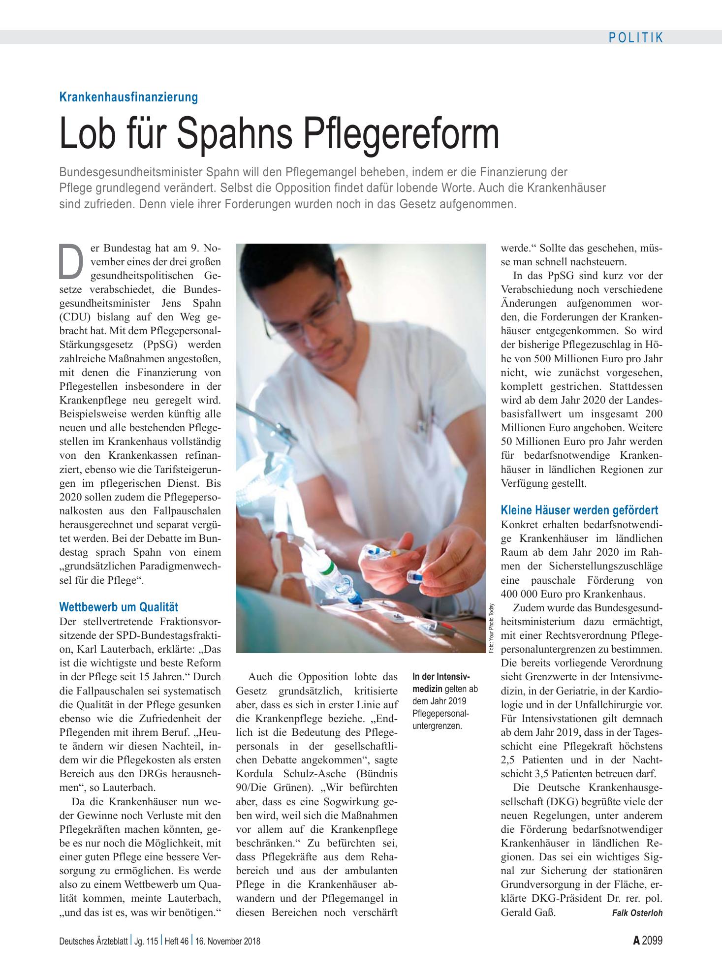 Vorschauseite 1: Krankenhausfinanzierung: Lob für Spahns Pflegereform – Deutsches Ärzteblatt