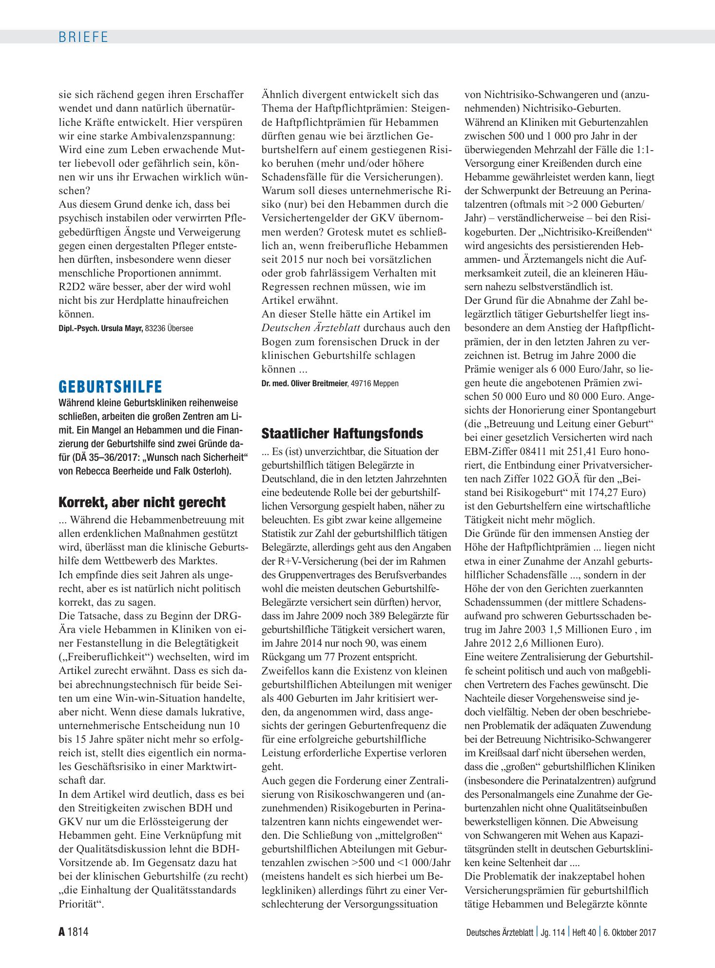 Vorschauseite 1: Geburtshilfe: Staatlicher Haftungsfonds – Deutsches Ärzteblatt