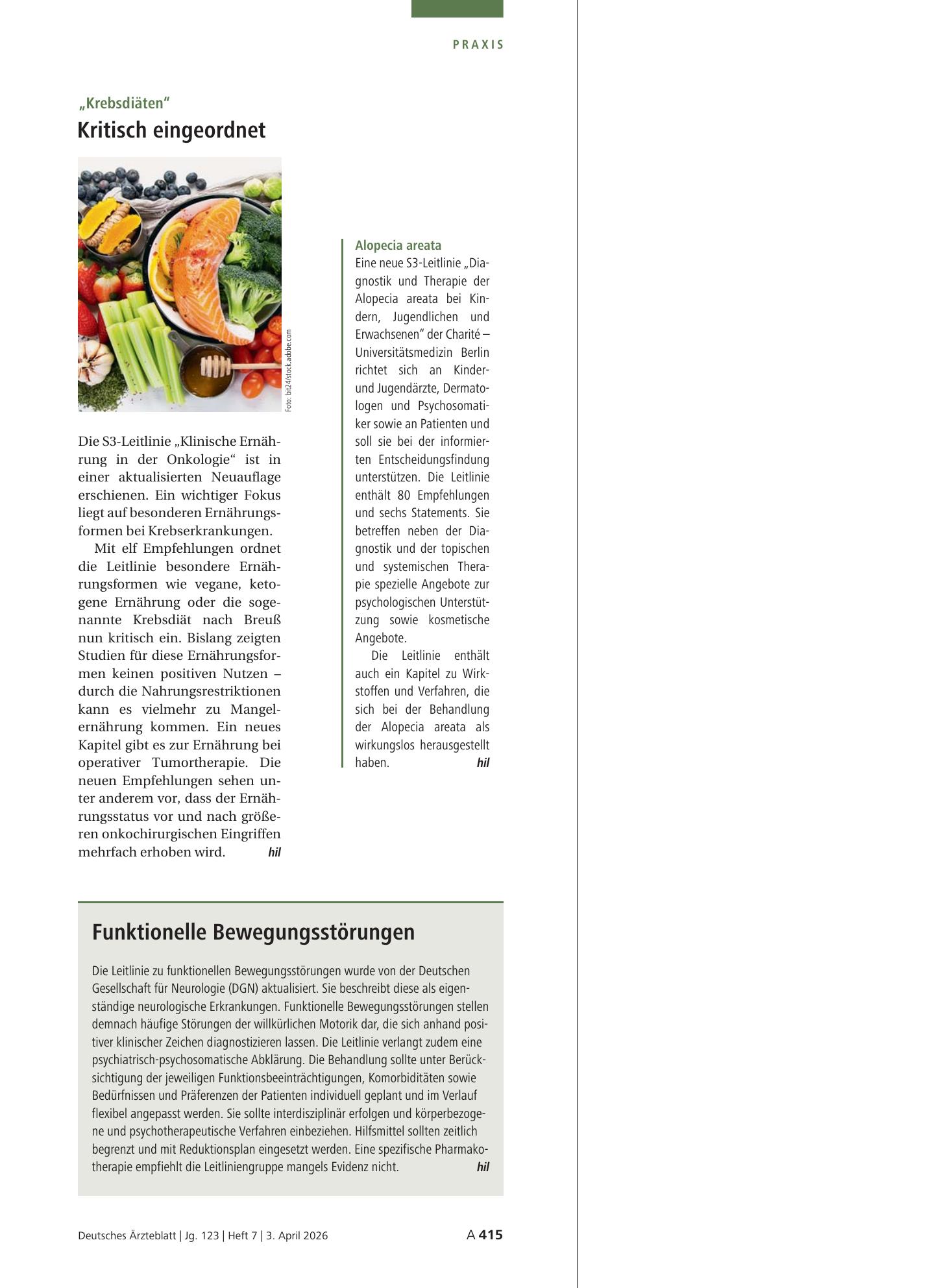 Vorschauseite 1: „Krebsdiäten“: Kritisch eingeordnet – Deutsches Ärzteblatt
