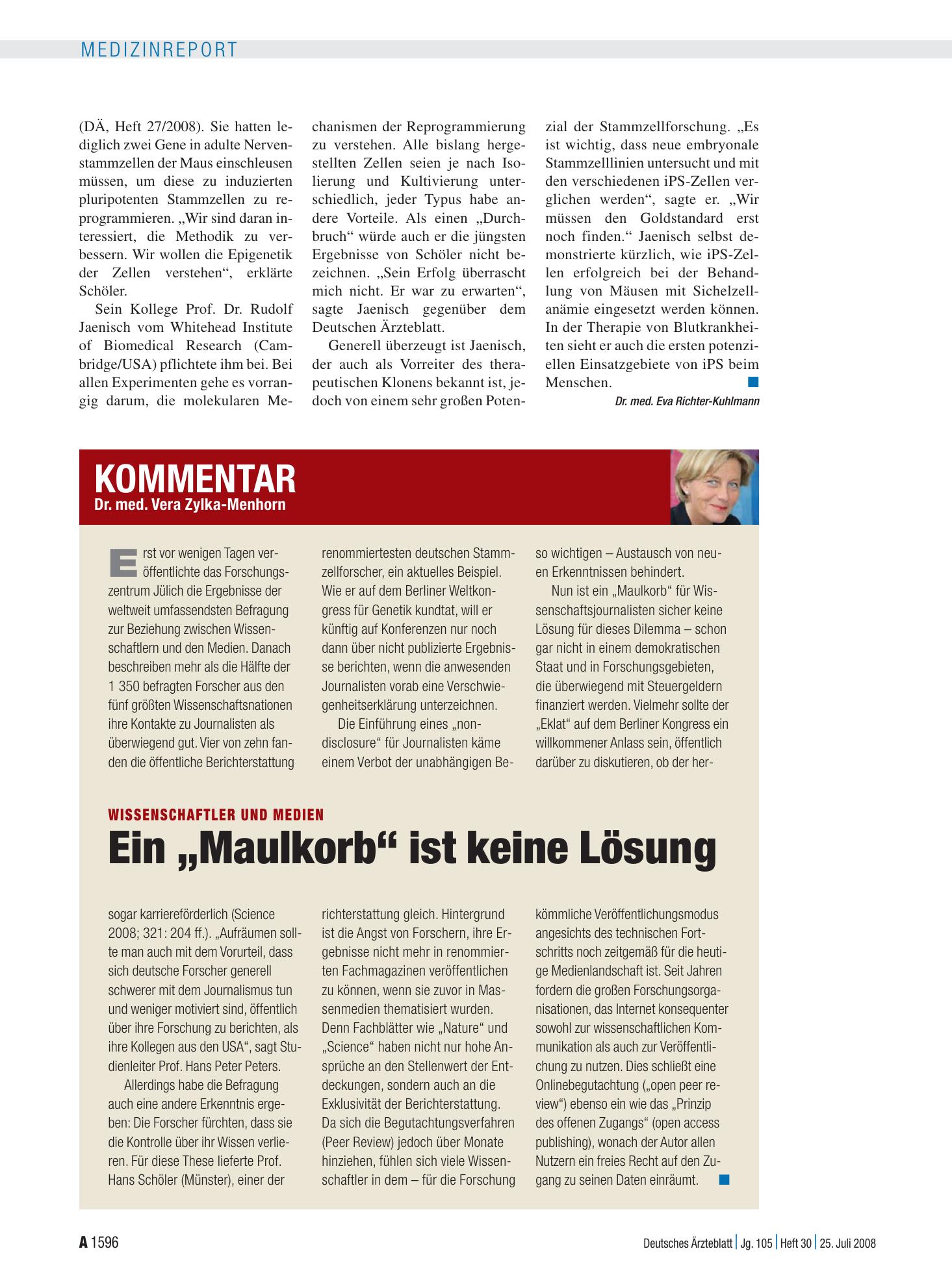 Vorschauseite 1: Kommentar: Wissenschaftler und Medien – Ein „Maulkorb“ ist keine Lösung – Deutsches Ärzteblatt