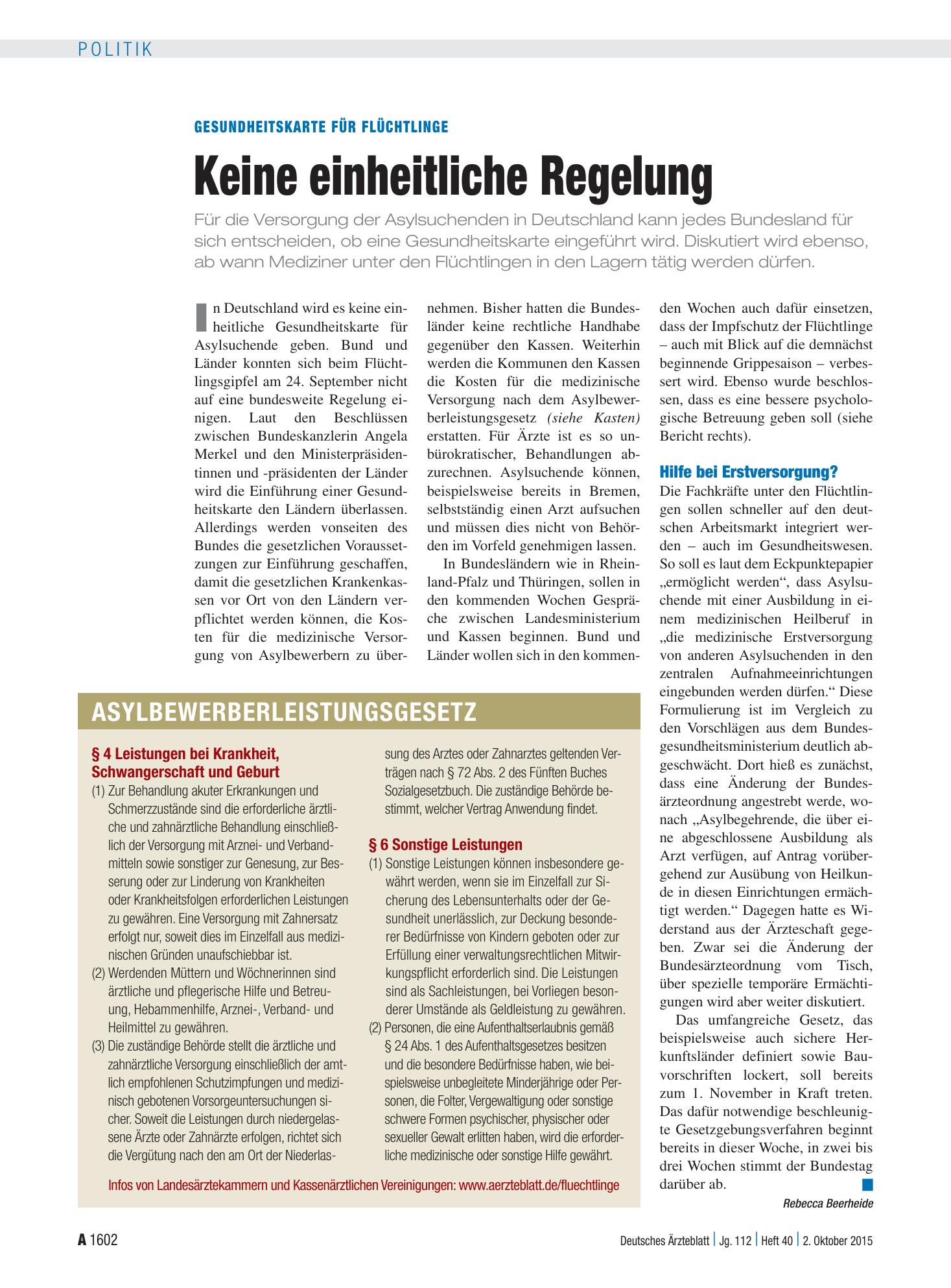 Vorschauseite 1: Gesundheitskarte für Flüchtlinge: Keine einheitliche Regelung – Deutsches Ärzteblatt