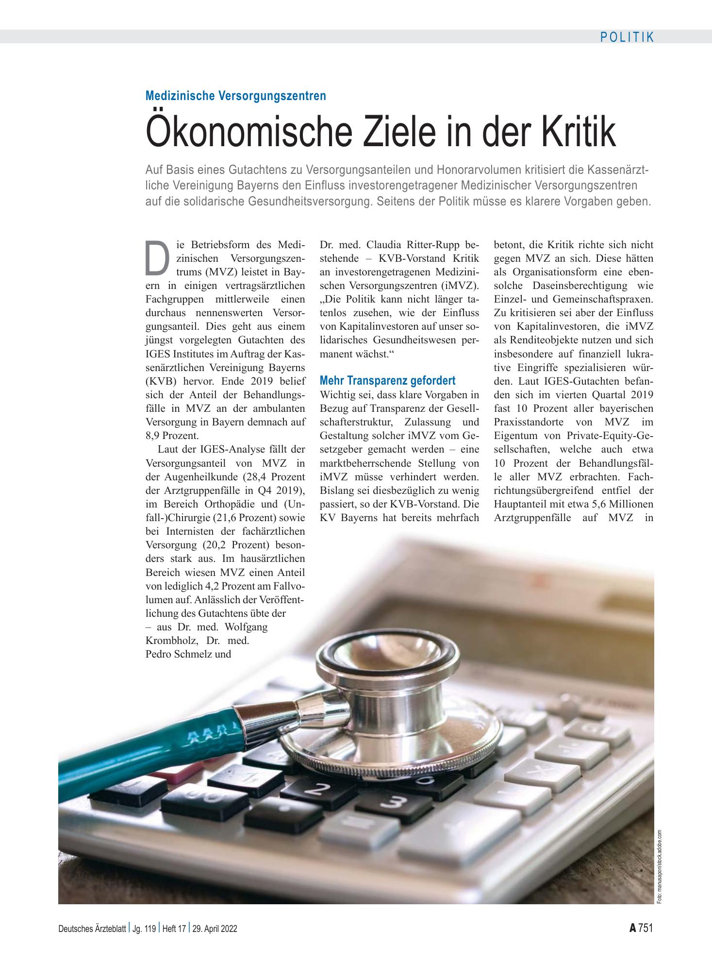Vorschauseite 1: Medizinische Versorgungszentren: Ökonomische Ziele in der Kritik – Deutsches Ärzteblatt