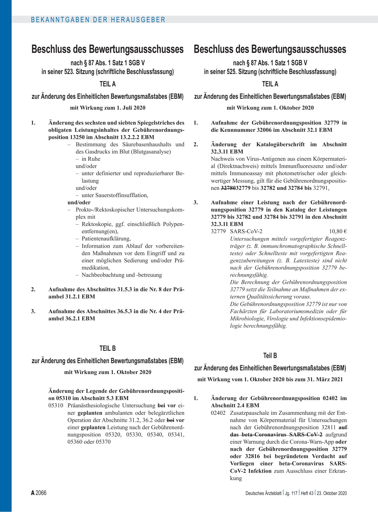 Vorschauseite 1: Beschluss des Bewertungsausschusses nach § 87 Abs. 1 Satz 1 SGB V in seiner 525. Sitzung (schriftliche Beschlussfassung) – Deutsches Ärzteblatt