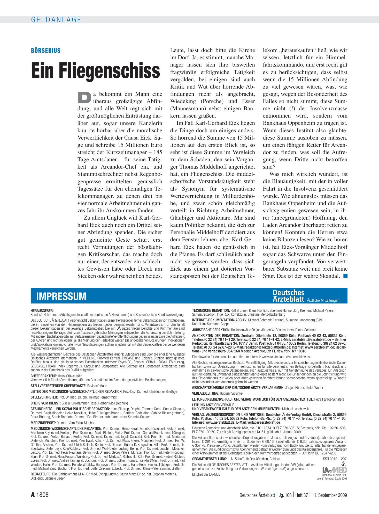 Vorschauseite 1: Börsebius: Ein Fliegenschiss – Deutsches Ärzteblatt