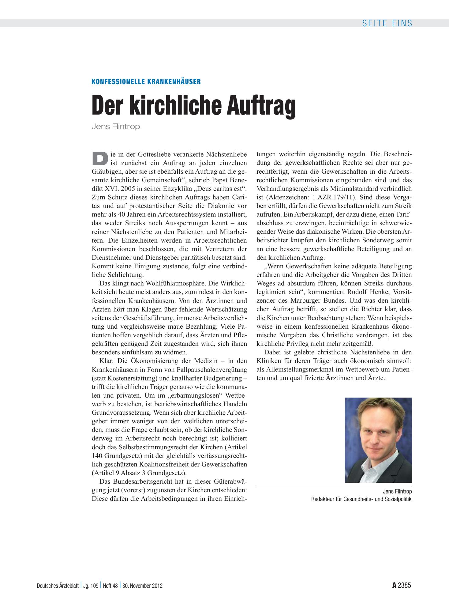 Vorschauseite 1: Konfessionelle Krankenhäuser: Der kirchliche Auftrag – Deutsches Ärzteblatt