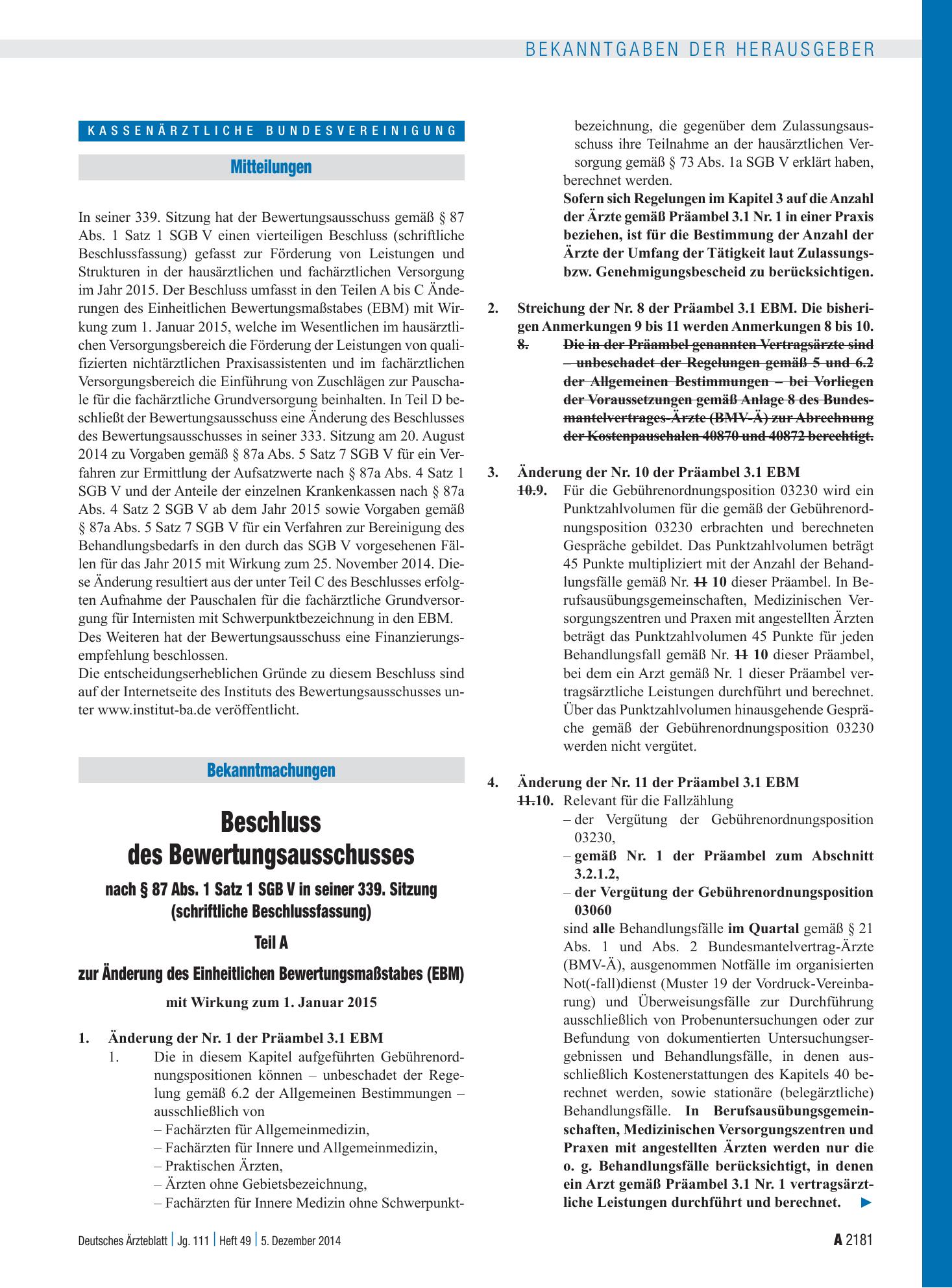 Vorschauseite 1: Beschluss des Bewertungsausschusses nach § 87 Abs. 1 Satz 1 SGB V in seiner 339. Sitzung (schriftliche Beschlussfassung) Teil A zur Änderung des Einheitlichen Bewertungsmaßstabes…