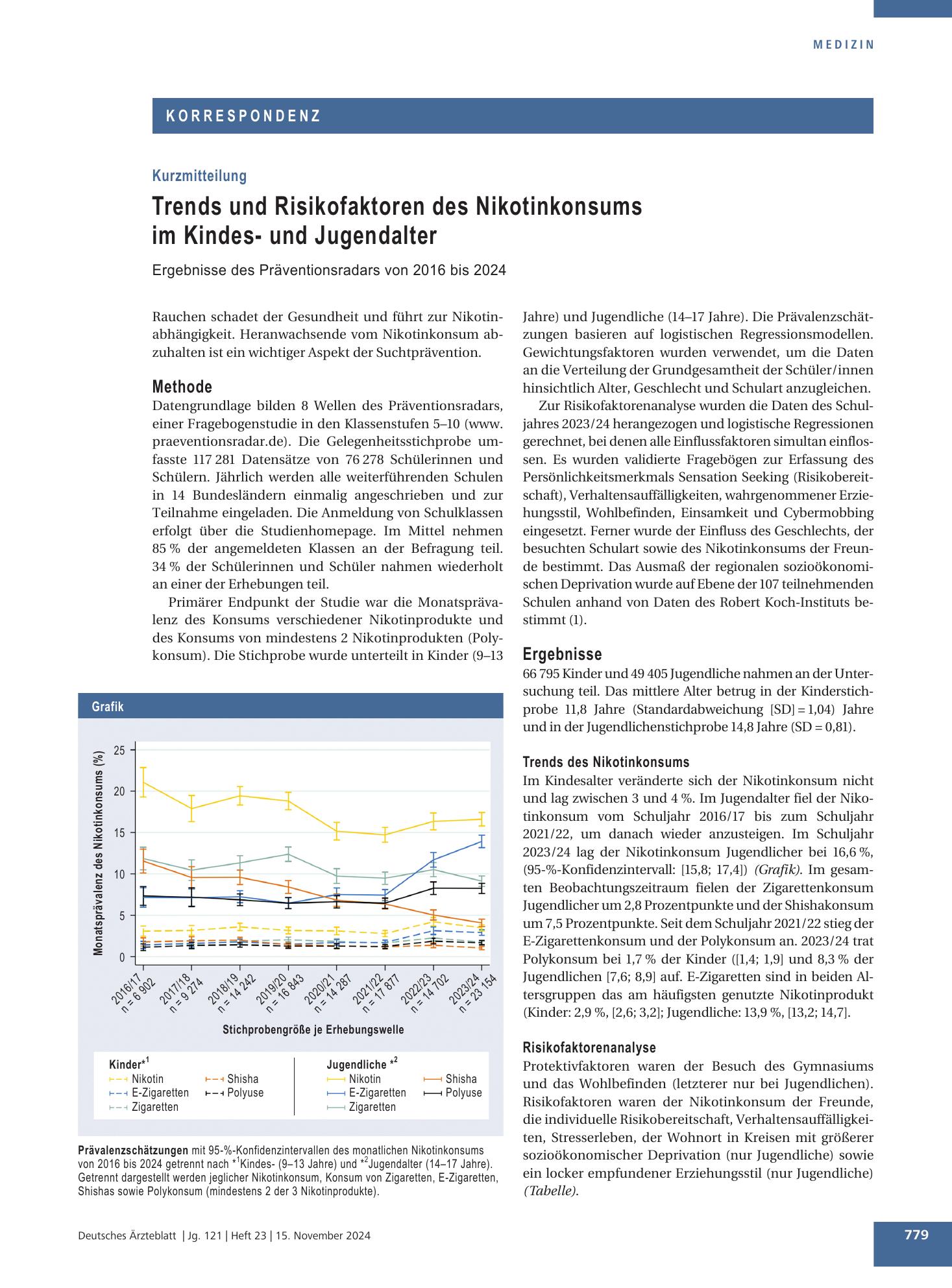 Vorschauseite 1: Trends und Risikofaktoren des Nikotinkonsums im Kindes- und Jugendalter – Deutsches Ärzteblatt