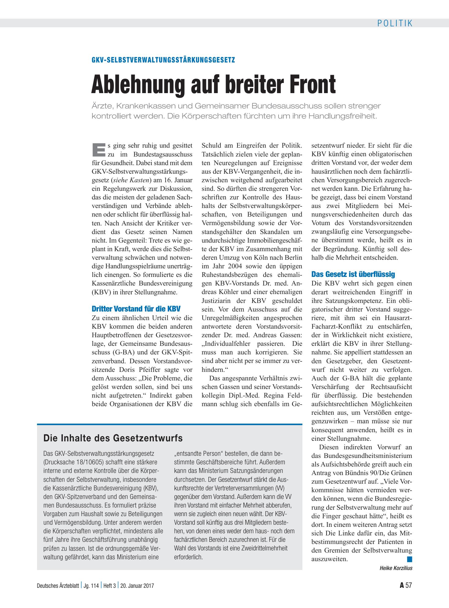 Vorschauseite 1: GKV-Selbstverwaltungsstärkungsgesetz: Ablehnung auf breiter Front – Deutsches Ärzteblatt