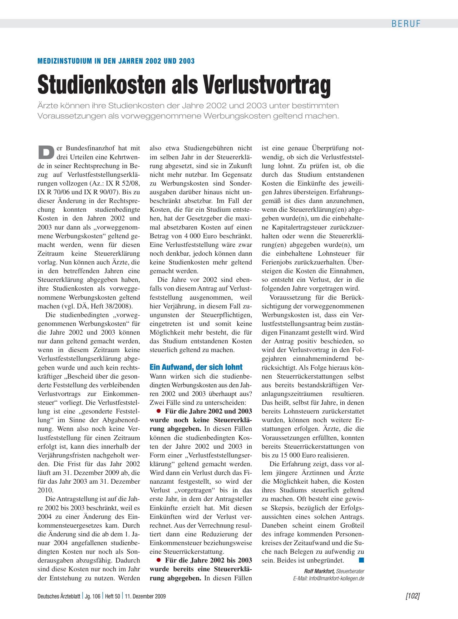 Vorschauseite 1: Medizinstudium in den Jahren 2002 und 2003: Studienkosten als Verlustvortrag – Deutsches Ärzteblatt