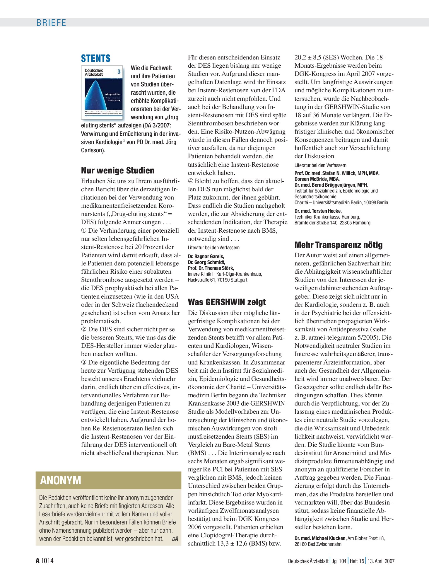 Vorschauseite 1: Stents: Mehr Transparenz nötig – Deutsches Ärzteblatt